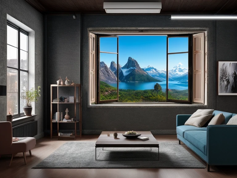 ultra realistic, masterpiece, best quality, super detailed, ultra high res, raw photo, 8k,
a modern livingroom, (fabric sofa), (fabric pillow), stone opaque resin panel, brown and white, luxury, in the style of enchanting lighting, light gold and light black, li shuxing, traditional-modern fusion, soft atmospheric light, hard-edged lines, (window),  fabric window blinds, blue sky, 1 Dell computer , mountains view
 masterpiece,ultra realistic,32k,extremely detailed CG unity 8k wallpaper, best quality