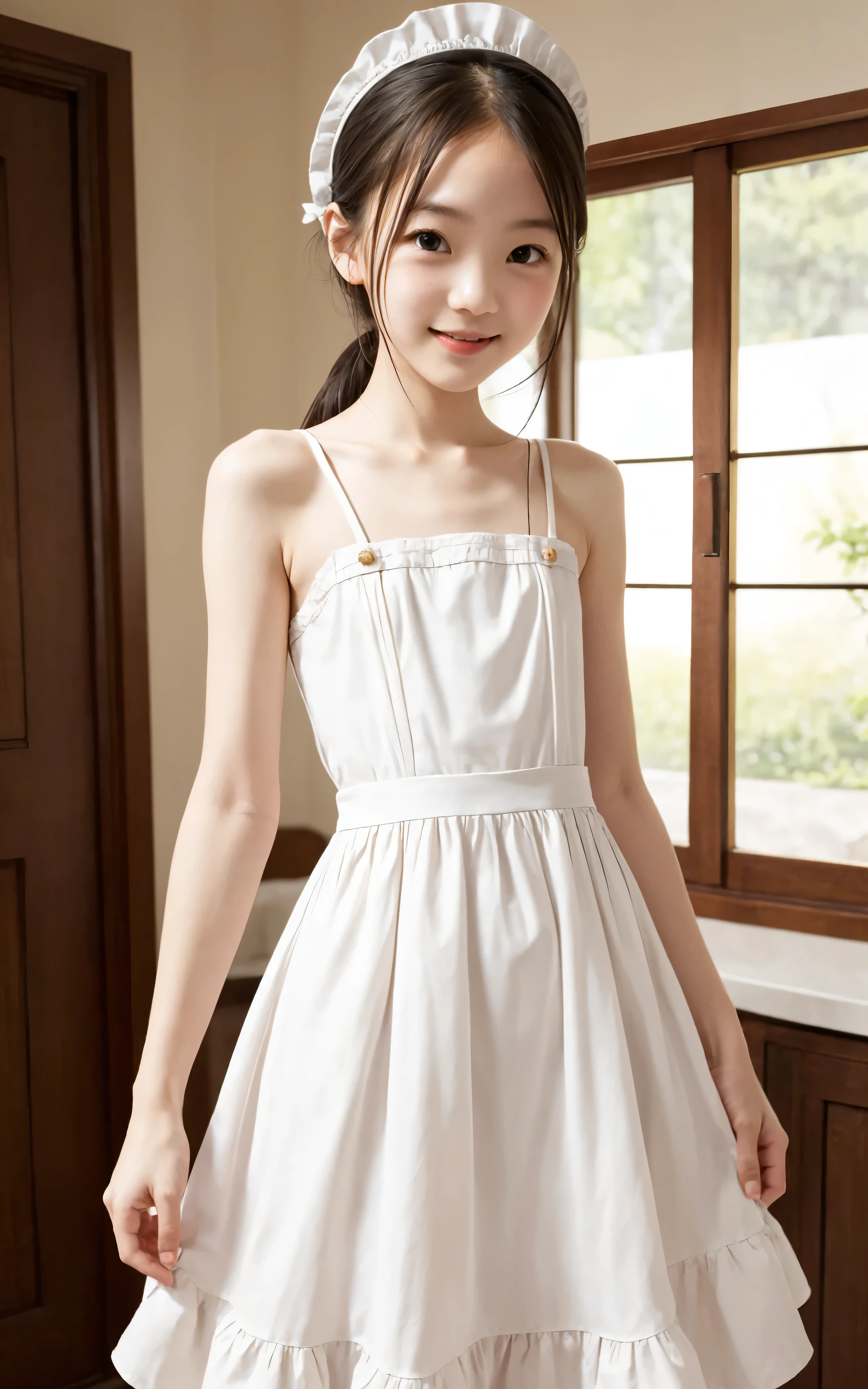 maids, cute pretty girl, (smile:0.5), slender body, Narrow Shoulder, white skin, (maidsドレス),(skinny:1.5),(younger:1.5)