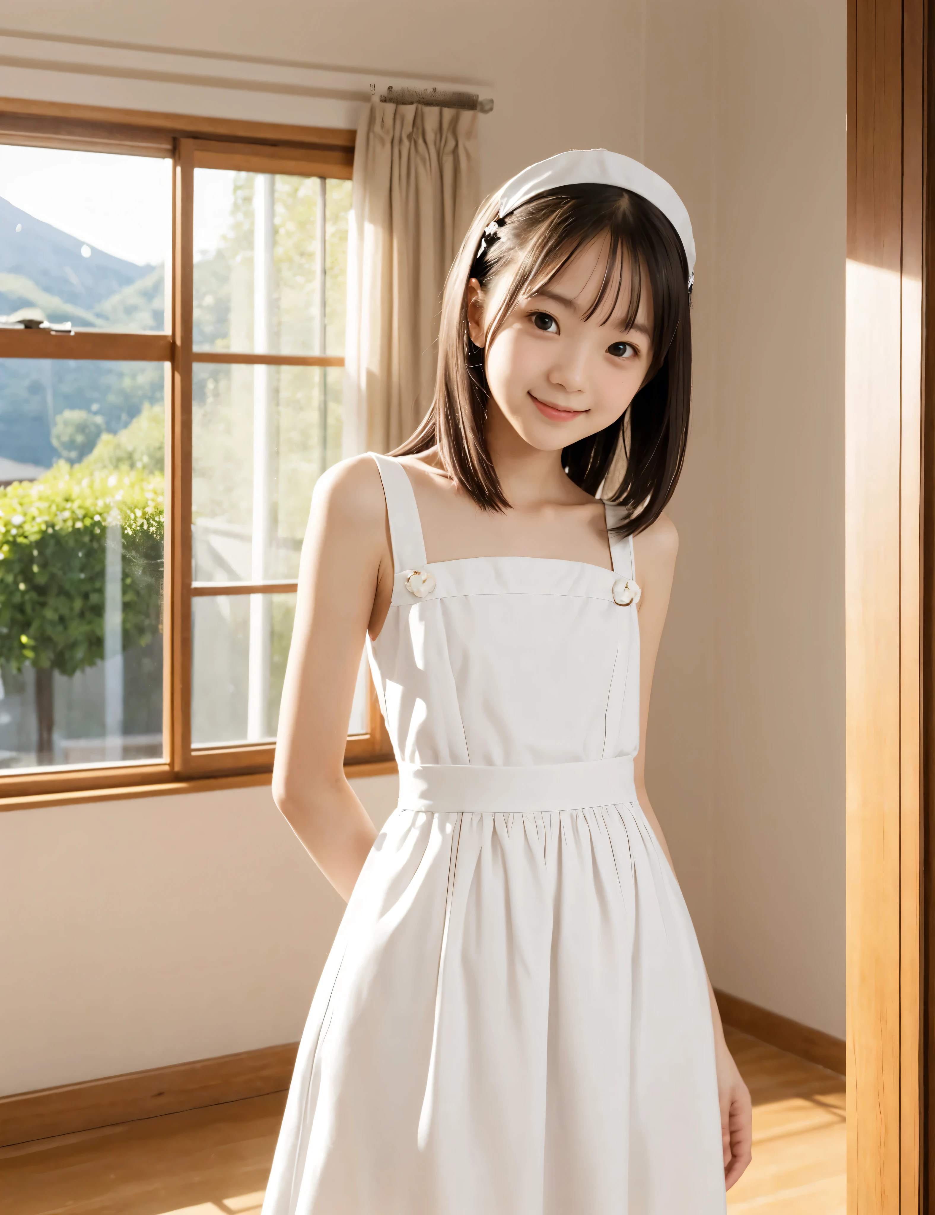 maids, cute pretty girl, (smile:0.5), slender body, Narrow Shoulder, white skin, (maidsドレス),(skinny:1.5),(younger:1.5)