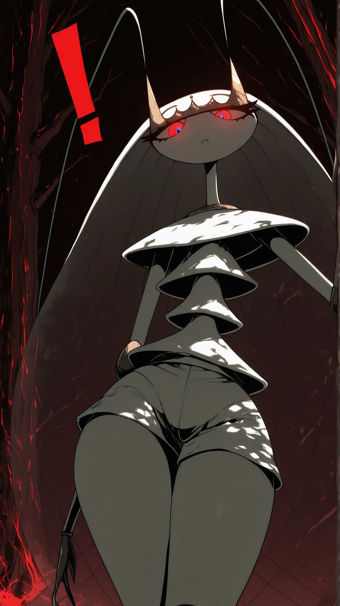 ((Pheromosa from Pokemon)), White Body, misty forest Background,Wide Hips, Thin Waist, Very Thin Waist, ((Wasp Waist)), Solo, vibrant colors, cel shading, Simplistic Art Style, solo, (red single exclamation mark:1.5),((glowing red eyes:1.4)),(oyabun),look at viewer,over view
,