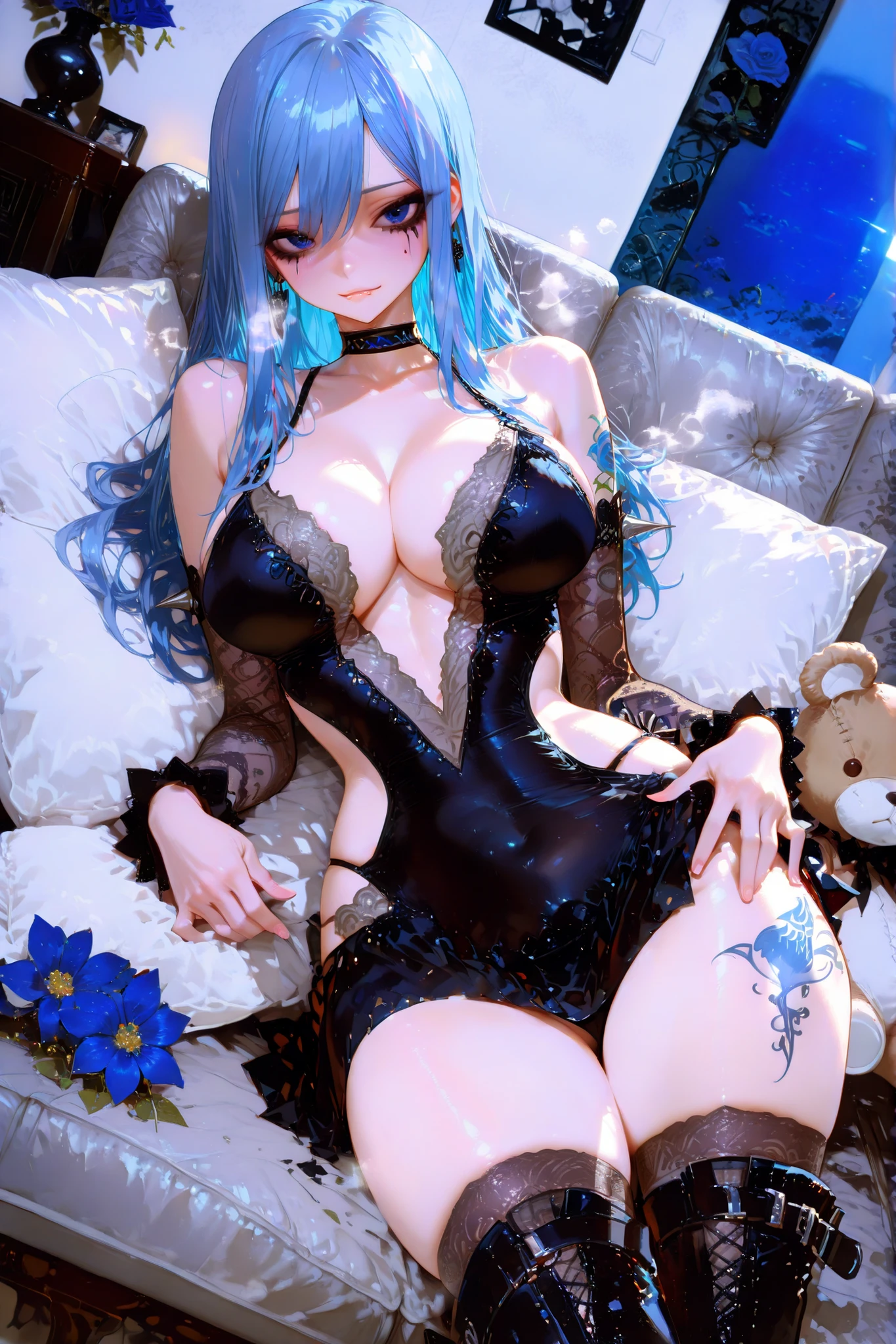 absurd, 8K, high resolution, ultra detailed, beautiful, masterpiece, best quality, very pretty woman, young, blue hair, (very :1.2), detailed woman's face, very attractive, (blue lingerie:1.2), full body, shinjou akane, light blue hair, (maroon eyes:1.2), long hair,