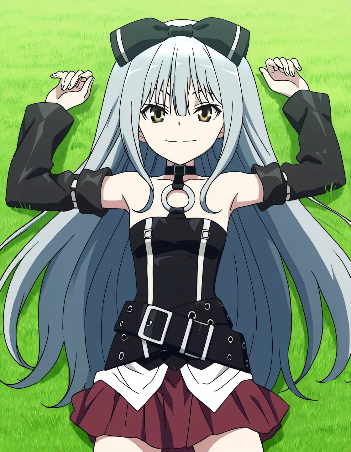 sora, long hair, bow, yellow eyes, hair bow, grey hair, black bow, anime screencap,
skirt, bare shoulders, detached sleeves, choker, belt, red skirt, black dress, o-ring, high quality, solo, lying, on back, arms up, legs apart, closed mouth, on grass, cowboy shot, looking at viewer, smile, best quality
