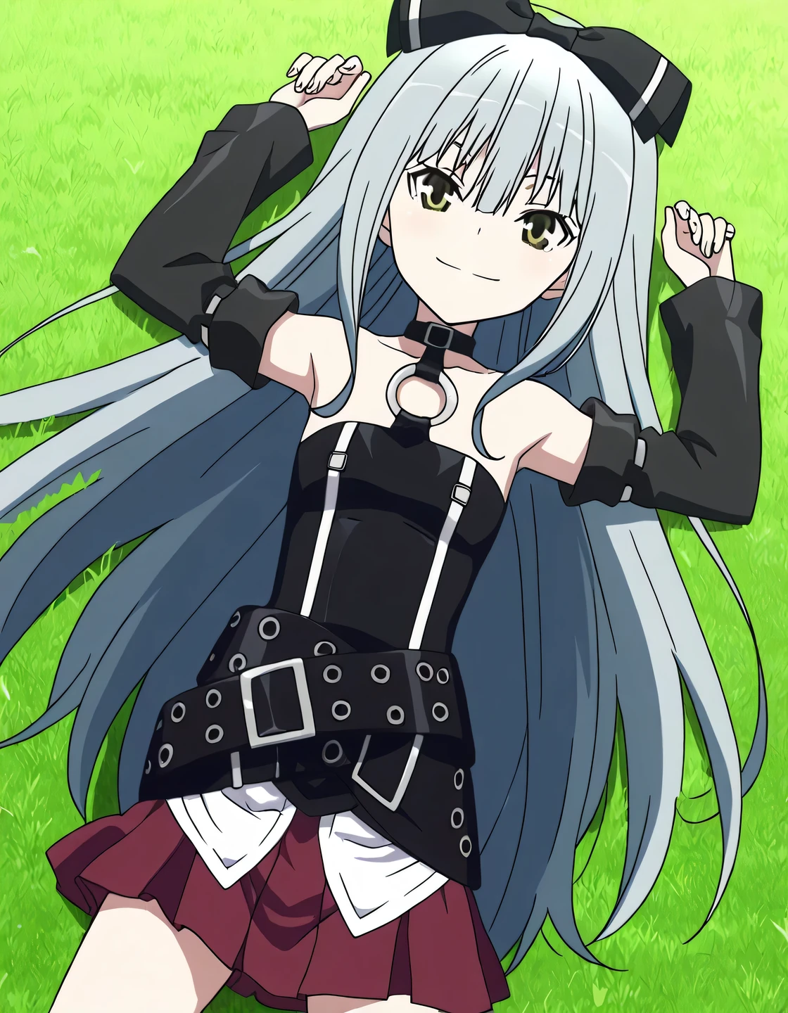 sora, long hair, bow, yellow eyes, hair bow, grey hair, black bow, anime screencap,
skirt, bare shoulders, detached sleeves, choker, belt, red skirt, black dress, o-ring, high quality, solo, lying, on back, arms up, legs apart, closed mouth, on grass, cowboy shot, looking at viewer, smile, best quality
