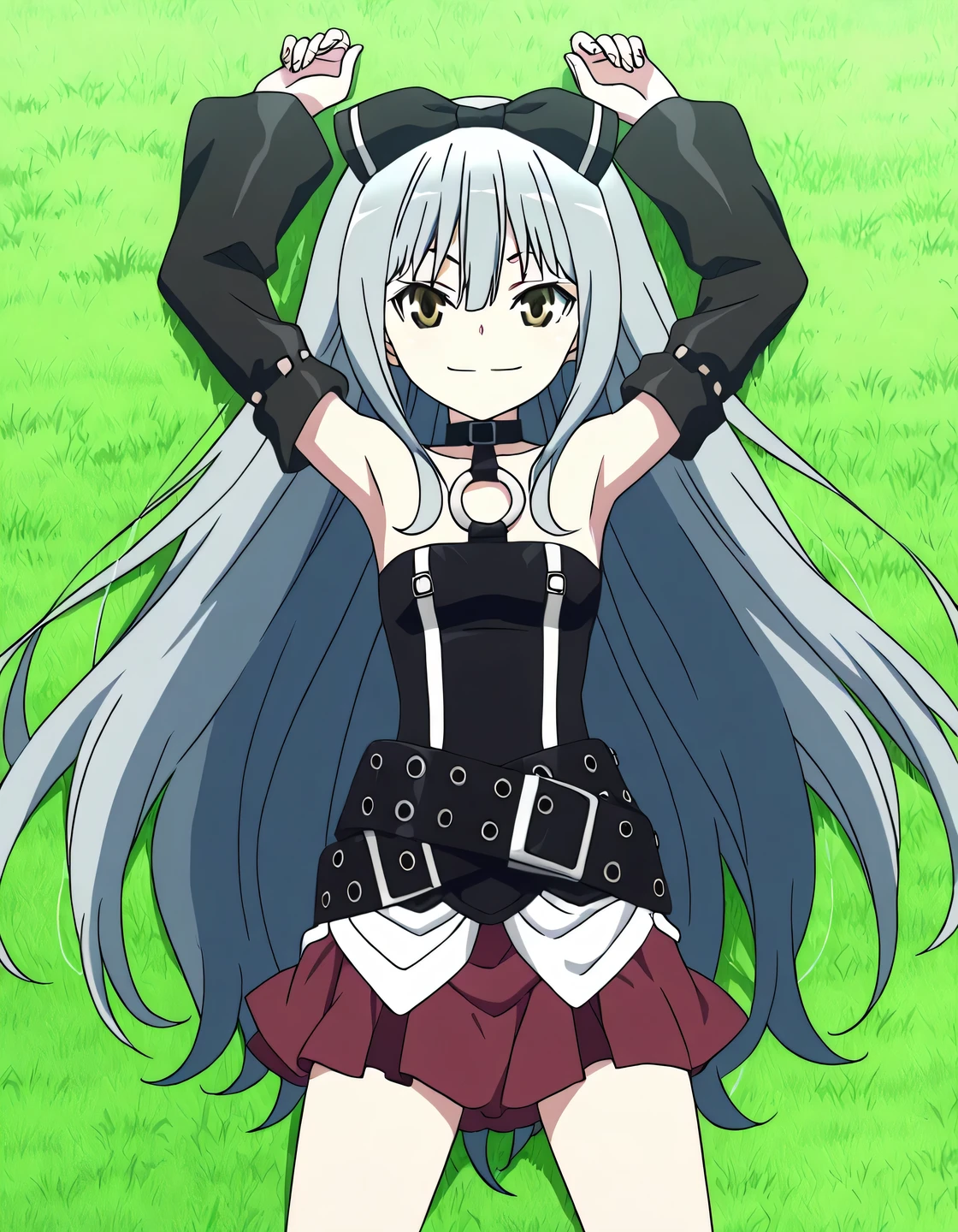 sora, long hair, bow, yellow eyes, hair bow, grey hair, black bow, anime screencap,
skirt, bare shoulders, detached sleeves, choker, belt, red skirt, black dress, o-ring, high quality, solo, lying, on back, arms up, legs apart, closed mouth, on grass, cowboy shot, looking at viewer, smile, best quality
