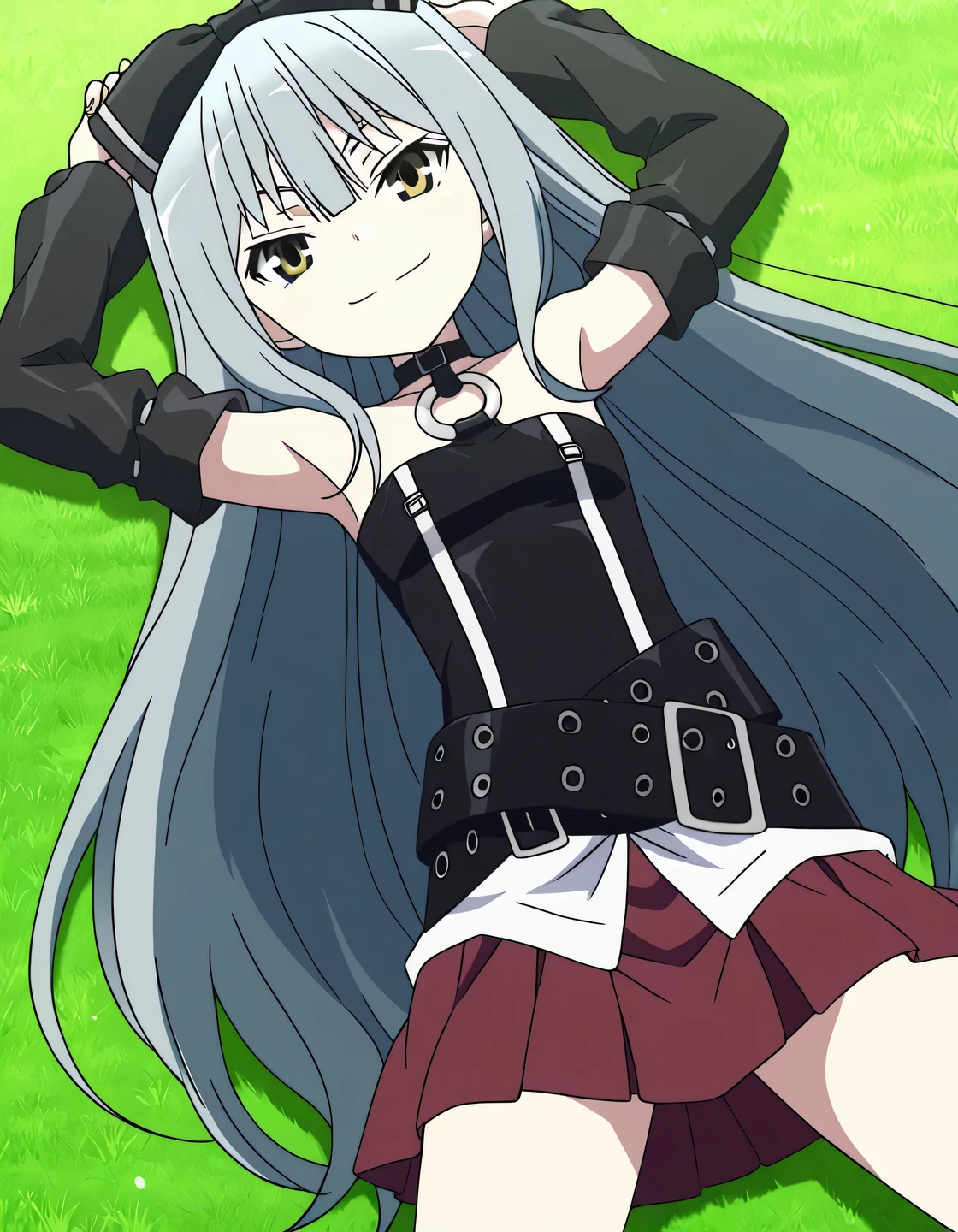 sora, long hair, bow, yellow eyes, hair bow, grey hair, black bow, anime screencap,
skirt, bare shoulders, detached sleeves, choker, belt, red skirt, black dress, o-ring, high quality, solo, lying, on back, arms up, legs apart, closed mouth, on grass, cowboy shot, looking at viewer, smile, best quality
