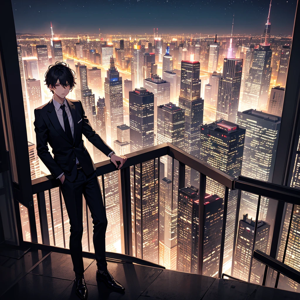 1boy, short black hair, red eyes, wearing all blue suits, on top of a building, high res, ultrasharp, 8k, masterpiece, looking at viewer