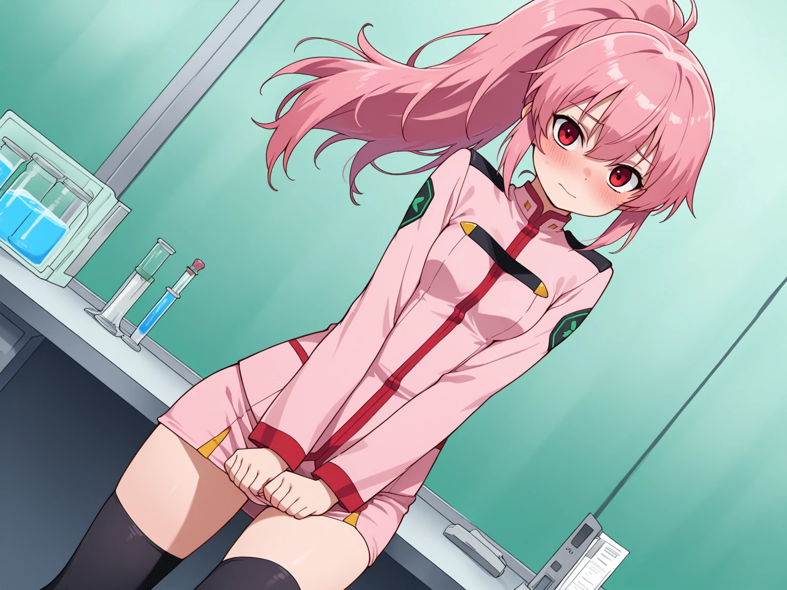 masterpiece, highest quality, High resolution, 8K, high resolution, Super detailed, 1 girl, (anatomically correct), complete limbs, full finger, 　Enamel pink long boots　wrinkled boots　Enamel pink mini skirt　enamel pink leotard　エナメルピンクのゴムgloves　Enamel pink clothes　gloves　　gold decoration　Costumes with fancy decorations　justice　　Rubber boots　expression of embarrassment　Decisive Pose　upright　cold々Standing ceremony　full body picture　　long boots below the knee　???? legs　??????　???　full of sweat　soaking wet　white water droplets dripping from panties　　steam　no sleeves　　Clothes that show the lines of the body　soaking wetの服　Clothes get wet and skin shows through　full body picture　Boots stain with white mucus　public toilet　Immersion in white mucus　pool filled with white mucus,　white mucus dripping from above　Black pubic hair in the ?????? area　  Male ????????? in the ??????　straddling the toilet bowl　???????????