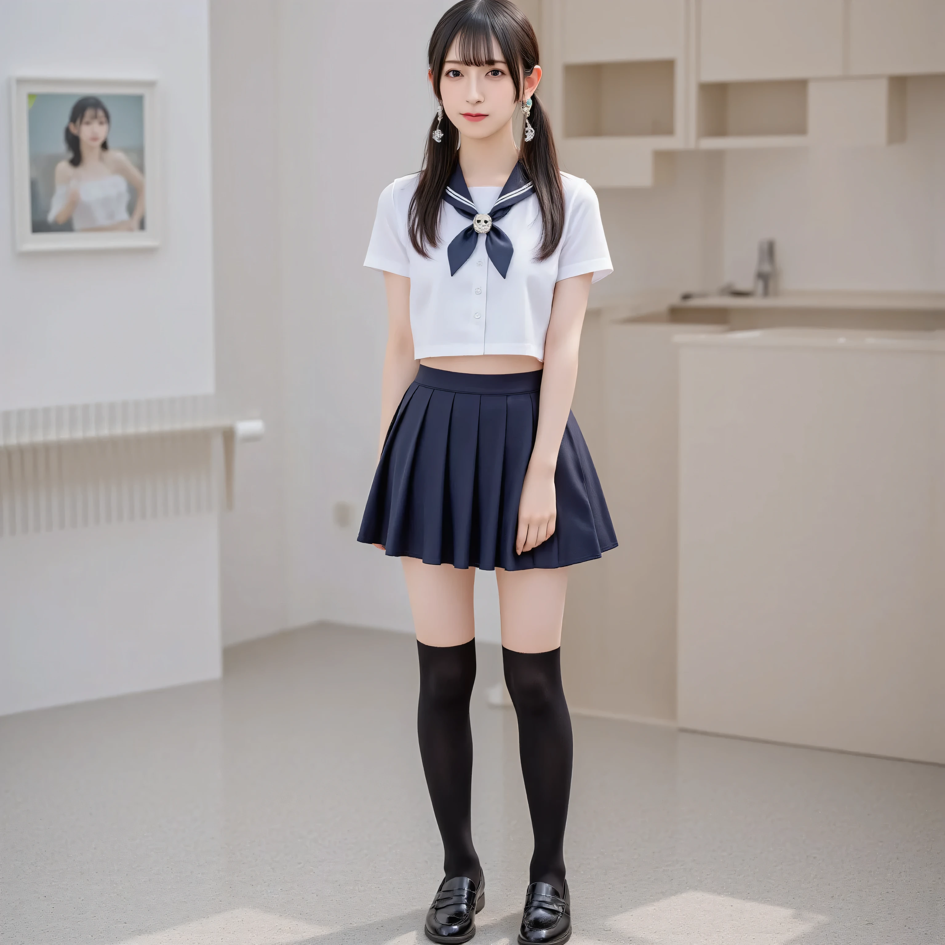 arafed asian woman in a dark navy skirt and a white shirt posing for a picture, japanese school uniform, japanese girl school uniform, wearing japanese school uniform, cute schoolgirl, jk uniform, beautiful anime high school girl, loafers, Open belly, See the belly, low waist mini skirt, Skirt open,Skirt in half,Open Skirt,Not wearing underwear,No Panties,without underwear, (((wear black thigh high socks))), dark navy bowtie,((large sparkling skull jewelry)), skull brooch, long black hair straight, video, long foot, slender, young gravure idol, realistic young gravure idol, young pretty gravure idol, young skinny gravure idol, japanese model, 1 person, Full body standing pose, after vaginal, amateur, flash photo, sleeveless, seductive pose, seductive smile, cowgirl position, open legs, crawling position on hands and knees, kneeling pose, Blowjob, Cowgirl, ((sleeveless)), ニーソックス, ((over-knee socks)), オーバーニーソックス, black nails, black ribbon in her hair, Her uniform is decorated with sparkling skull-shaped decorations, wheat-colored skin, dark skin, stomach cutout, Skirtlift, 寝室, bed room, stunning breast, Deep focus,