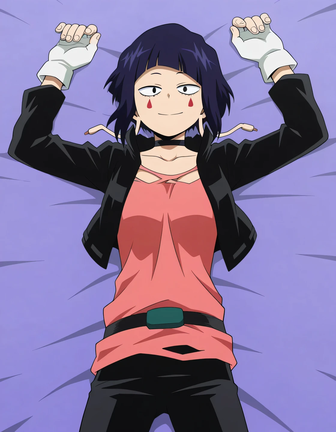 illujiro, short hair, bangs, long earlobes, purple hair, black hair, black eyes,
facial mark, black jacket, collarbone, choker, white gloves, fingerless gloves, pants, pink shirt, anime screencap, shiny skin, high quality, solo, lying, on back, from above, arms up, legs apart, closed mouth, on bed, cowboy shot, looking at viewer, smile, best quality