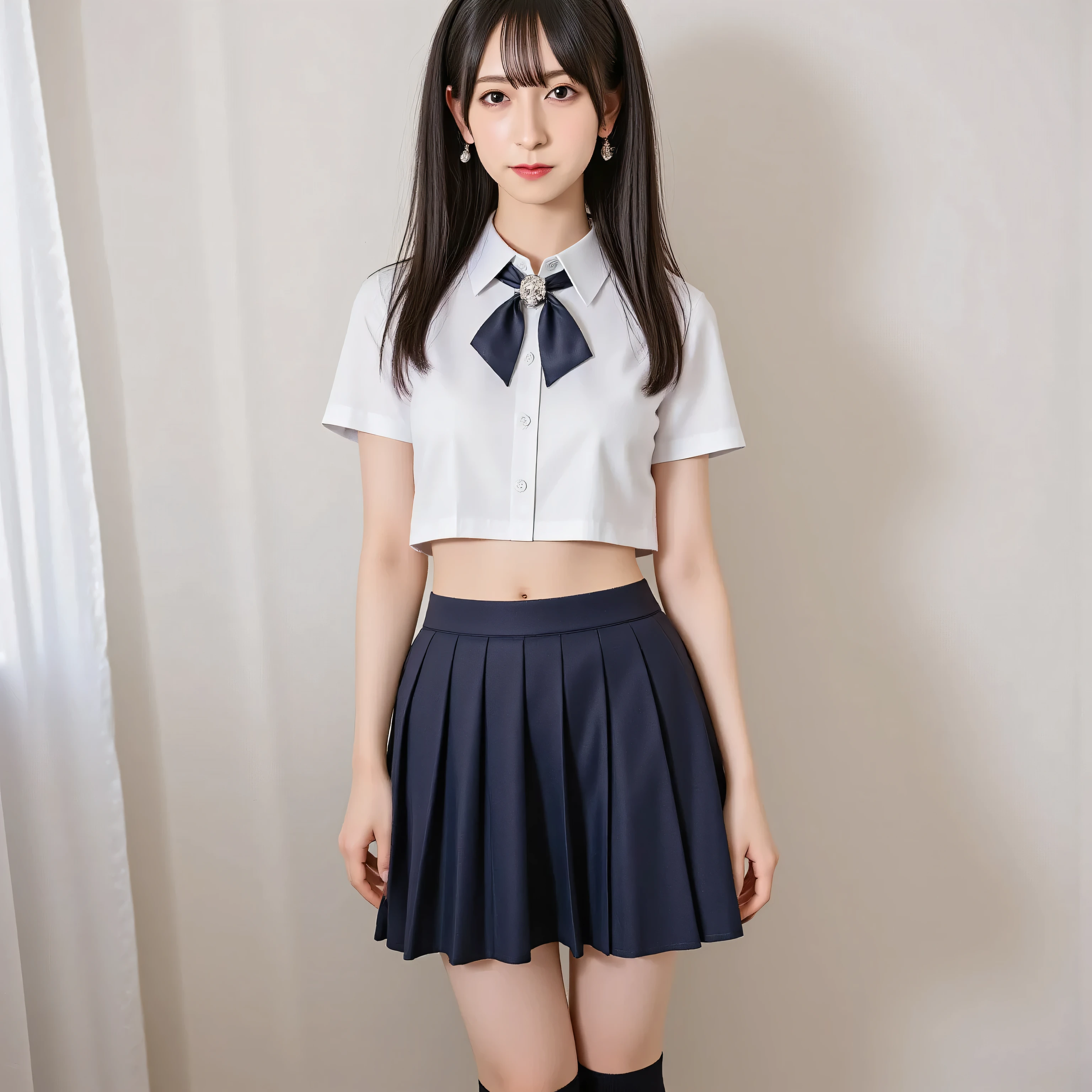 arafed asian woman in a dark navy skirt and a white shirt posing for a picture, japanese school uniform, japanese girl school uniform, wearing japanese school uniform, cute schoolgirl, jk uniform, beautiful anime high school girl, loafers, Open belly, See the belly, low waist mini skirt, Skirt open,Skirt in half,Open Skirt,Not wearing underwear,No Panties,without underwear, (((wear black thigh high socks))), dark navy bowtie,((large sparkling skull jewelry)), skull brooch, long black hair straight, video, long foot, slender, young gravure idol, realistic young gravure idol, young pretty gravure idol, young skinny gravure idol, japanese model, 1 person, Full body standing pose, after vaginal, amateur, flash photo, sleeveless, seductive pose, seductive smile, cowgirl position, open legs, crawling position on hands and knees, kneeling pose, Blowjob, Cowgirl, ((sleeveless)), ニーソックス, ((over-knee socks)), オーバーニーソックス, black nails, black ribbon in her hair, Her uniform is decorated with sparkling skull-shaped decorations, wheat-colored skin, dark skin, stomach cutout, Skirtlift, 寝室, bed room, stunning breast, Deep focus,