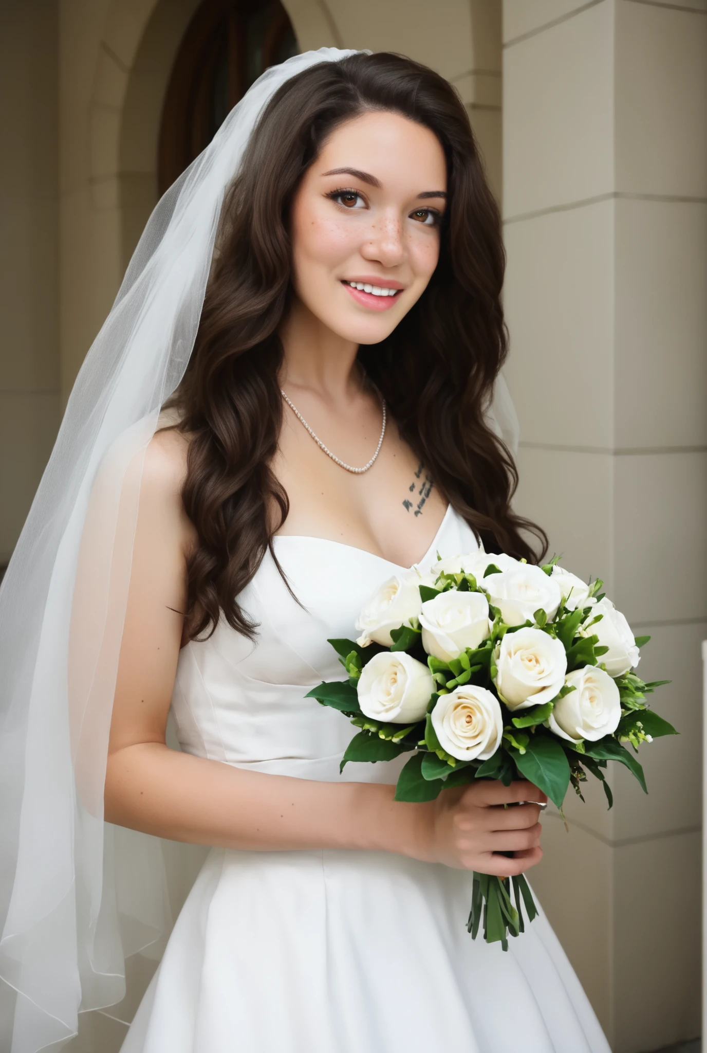 (masterpiece, best quality:1.3), (photorealistic), (realistic face), love_hazal, long wavy dark chestnut hair, hazel eyes with olive hue, almond eye shape, oval face, full lower lip, natural freckles, warm golden beige skin tone, B cup, wedding dress, holding bouquet
Zxvbf