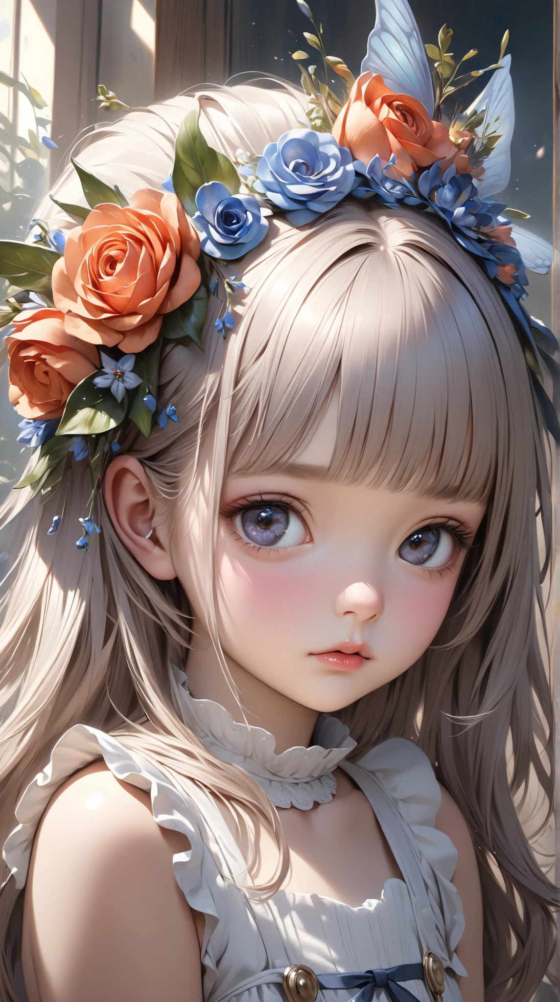 detailed face, cute face,brown eye, masterpiece, highest quality, Super detailed, figure, 1 girl,alone, image body, flower, looking at the viewer, purple eyes, eyes like jewels, very fine eyes, highly detailed face, star (null), purple energy,  handrail