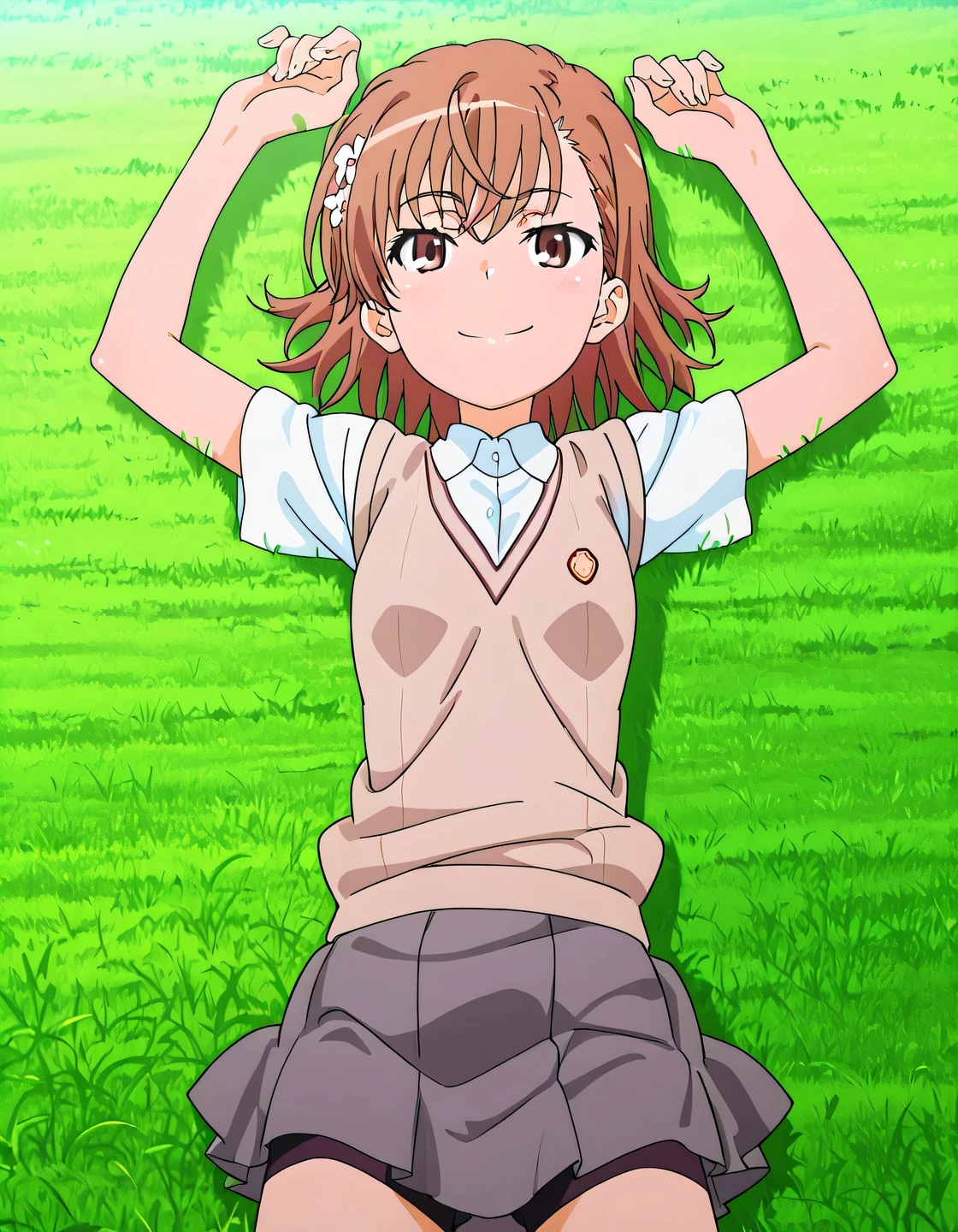 M1k0t0M1s&k&, brown hair, brown eyes, short hair | hair ornament, hair flower, tokiwadai school uniform, school uniform, skirt, shorts, sweater vest, grey skirt, shorts under skirt, pleated skirt, anime screencap, high quality, solo, lying, on back, arms up, legs apart, closed mouth, on grass, cowboy shot, looking at viewer, smile, best quality

