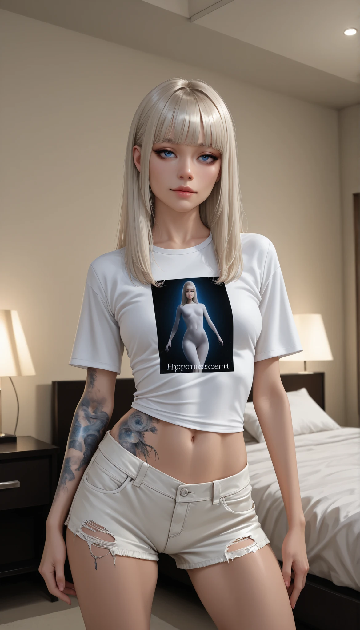 ((RAW Photo), Absurds, (Absurd Resolution)), ((Hyperrealism, Photorealistic)), (beautiful girl, 21 years old), (blue eyes), (short, straight, ironed hair, bangs, platinum blonde), (outfit: tight ripped shorts, tight t-shirt,  abdomen, bioluminescent tattoos), (sensual pose), (, arrogant), (background: standing next to the bed, tidy female room), volumetric lighting, (View: Photographic Perspective). «SunPuma S»