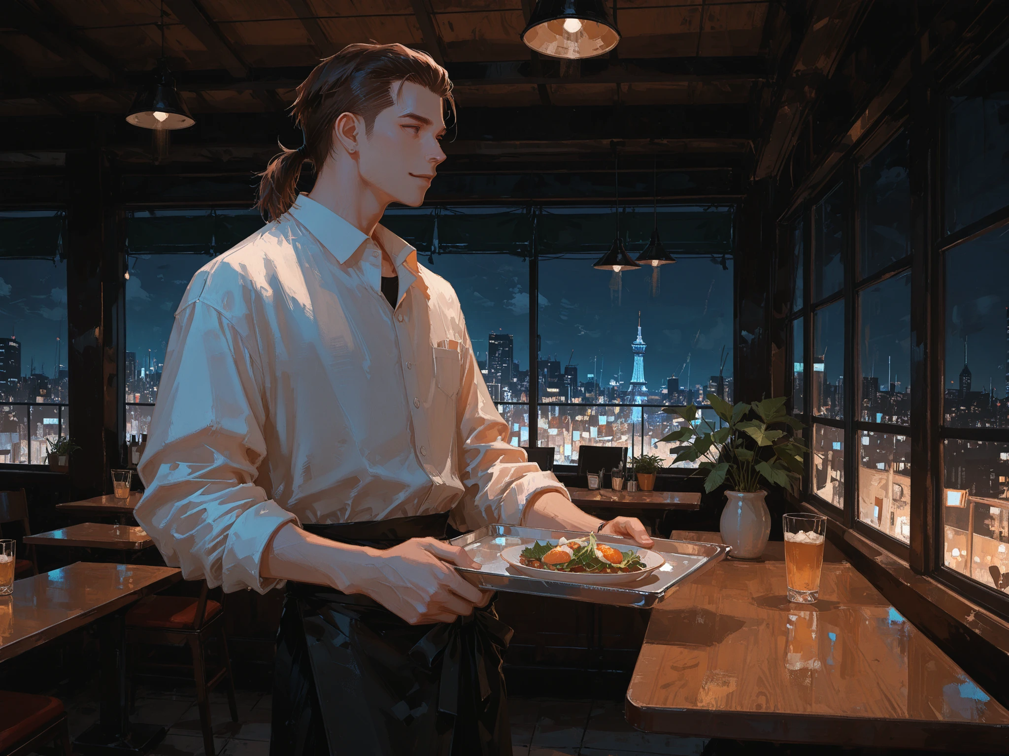 medium shot, front shot, looking side, makes an aesthetic, Master piece, Best Quality, ultra detailed, (a handsome man:1.6), solo, male short hair, slicked back hair, low pony-tail, dark-brown eyes, white stand-collared shirts, black pants and waist apron, happy, serve guests of terrace table, holding a silver tray, restaurant window in background, night street, city light,