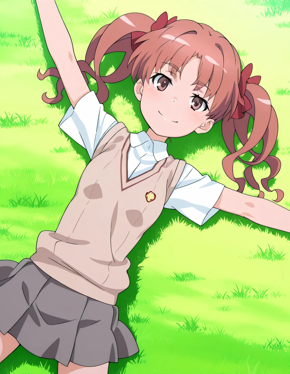 Shirai Kuroko, tokiwadai school uniform, summer uniform, brown sweater vest, white shirt, collared shirt, short sleeves pleated skirt, short sleeves, miniskirt, grey skirt, brown eyes, brown hair, long hair, twintails, parted bangs, red hair bow, anime screencap, high quality, solo, lying, on back, arms up, legs apart, closed mouth, on grass, cowboy shot, looking at viewer, smile, best quality