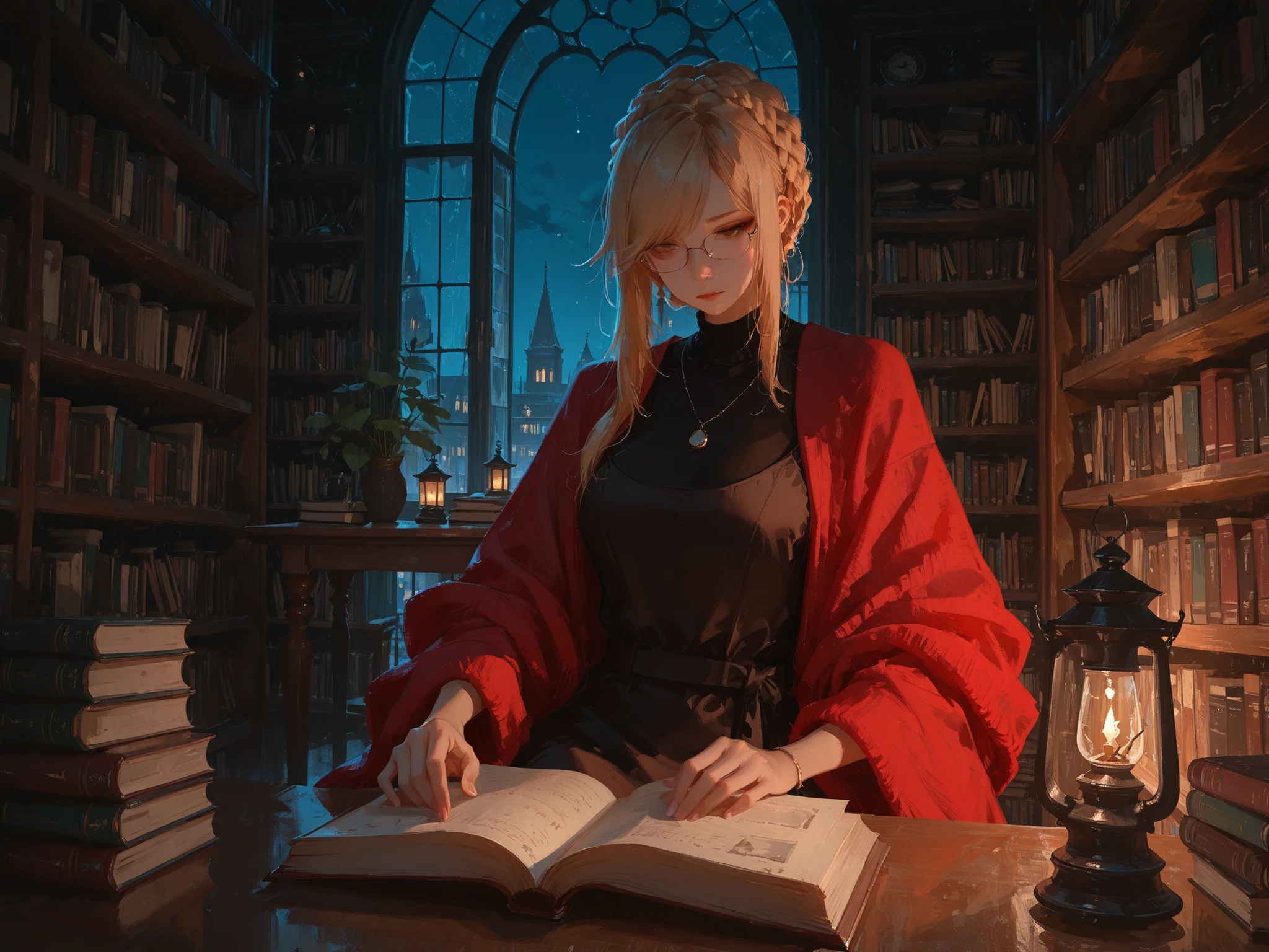 medium shot, front shot, looking down, makes an aesthetic, Master piece, Best Quality, ultra detailed, a beautiful girl, solo, very long blonde hair, crown braid hair, beautiful brown eyes, swept bangs, large breast, black turtleneck dress, very long dress, a simple necklace, a simple pierce, dark red shawl, reading, glasses, big window and book shelf in background, library, a book on the small table, night, small lantern on wall