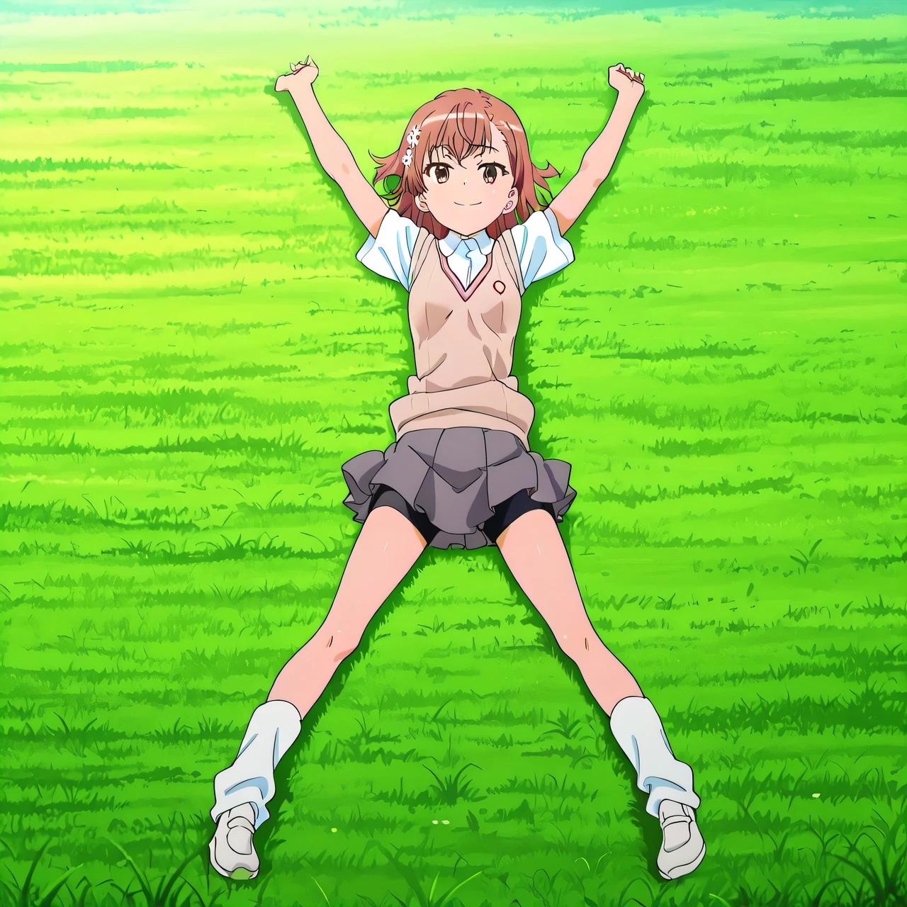 M1k0t0M1s&k&, brown hair, brown eyes, short hair | hair ornament, hair flower, tokiwadai school uniform, school uniform, skirt, shorts, sweater vest, grey skirt, shorts under skirt, pleated skirt, socks, loose socks, anime screencap, high quality, solo, lying, on back, arms up, legs apart, closed mouth, on grass, full body, looking at viewer, smile, best quality

