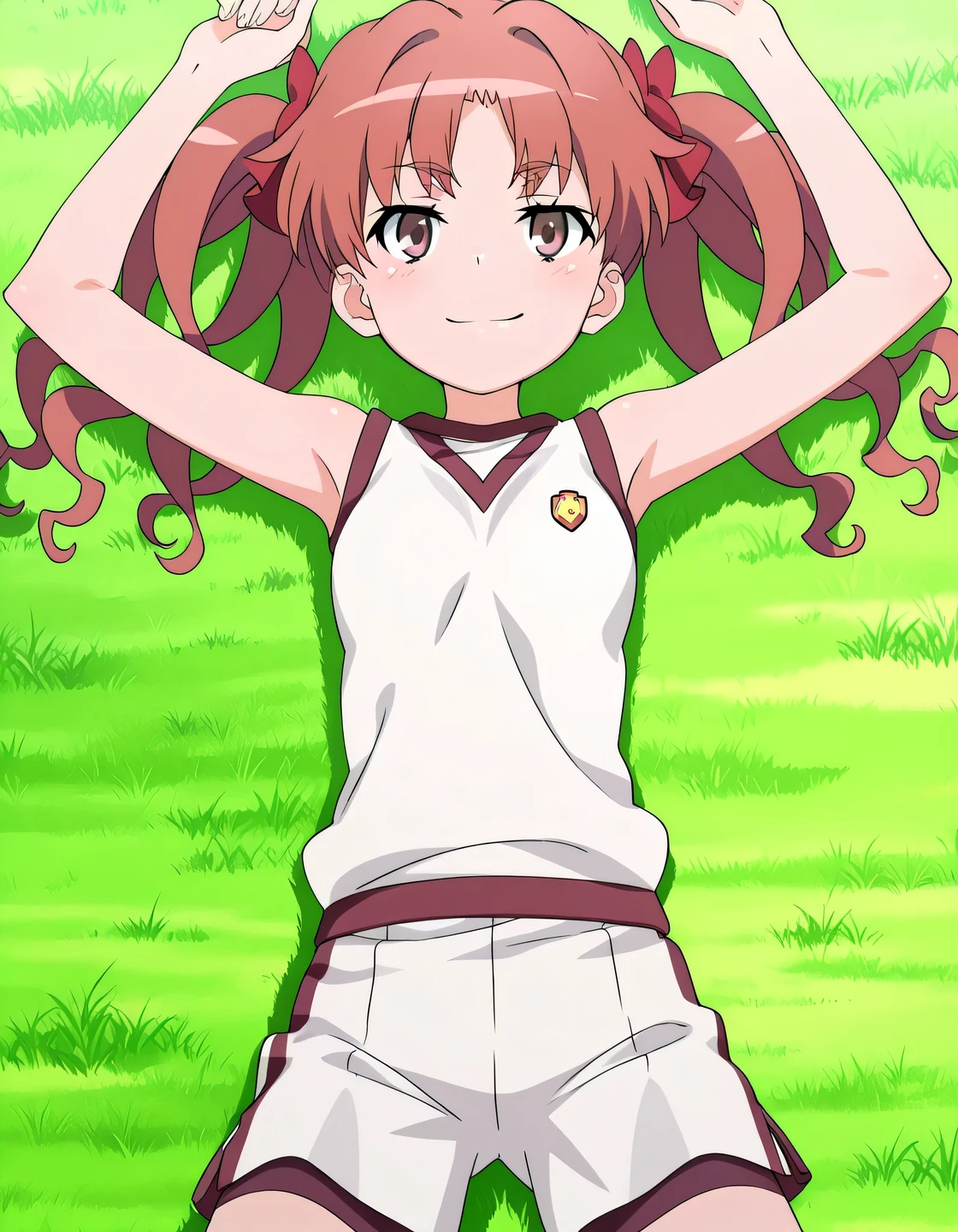 Shirai Kuroko, tokiwadai gym uniform, gym uniform, shoulders, sleeveless shirt, white shirt, short shorts, white shorts, brown eyes, brown hair, long hair, twintails, parted bangs, red hair bow, anime screencap, high quality, solo, lying, on back, arms up, , closed mouth, on grass, cowboy shot, looking at viewer, smile, best quality