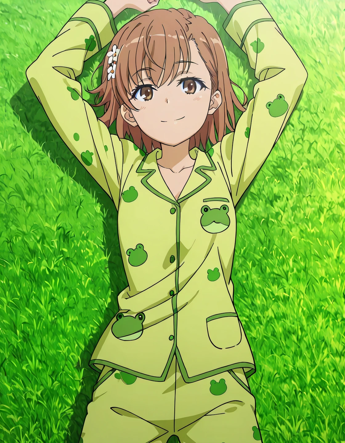 M1k0t0M1s&k&, brown hair, brown eyes, short hair | hair ornament, hair flower, green pajamas, frog print, animal print, anime screencap, high quality, solo, lying, on back, arms up, legs apart, closed mouth, on grass, medium shot, cowboy shot, looking at viewer, smile, best quality

