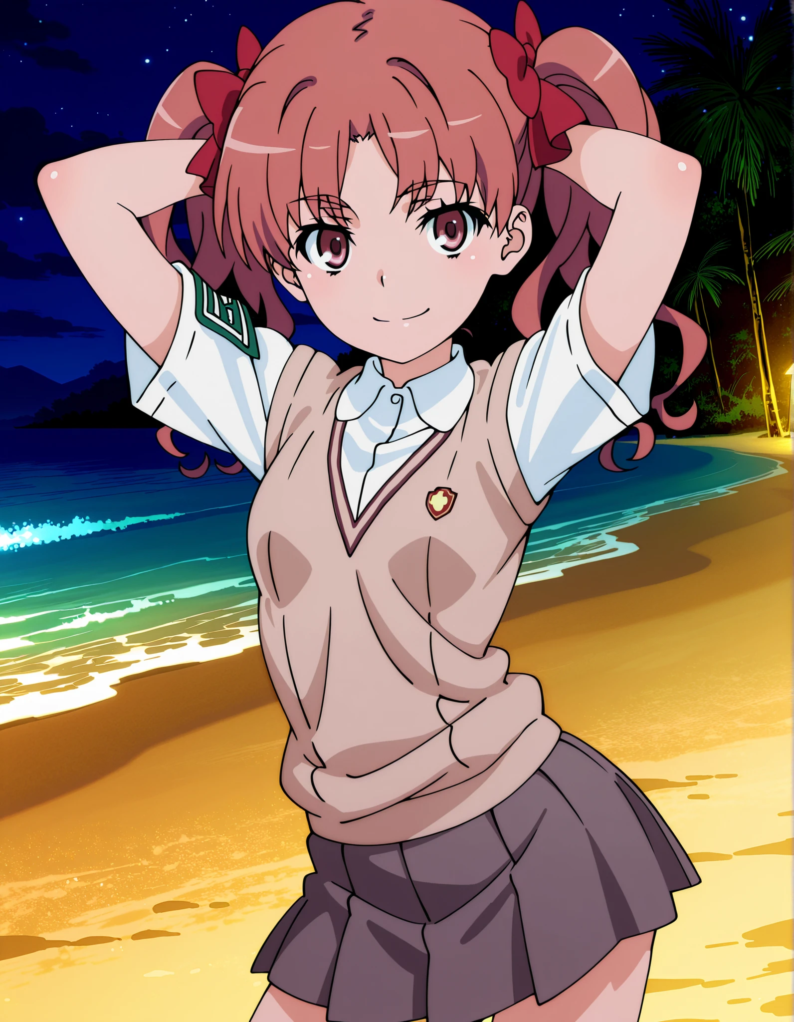 Shirai Kuroko,
long hair,pink hair,wavy hair,twintails,hair bow,red bow,hair ribbon,red ribbon,parted bangs,pink eyes
tokiwadai school uniform,brown sweater vest,white shirt,collared shirt,armband,short sleeves,small breasts,miniskirt,grey skirt,pleated skirt, anime screencap, shiny skin, solo, night sky, beach, hands behind head, ((contrapposto)), closed mouth, cowboy shot, looking at viewer, smile, best quality