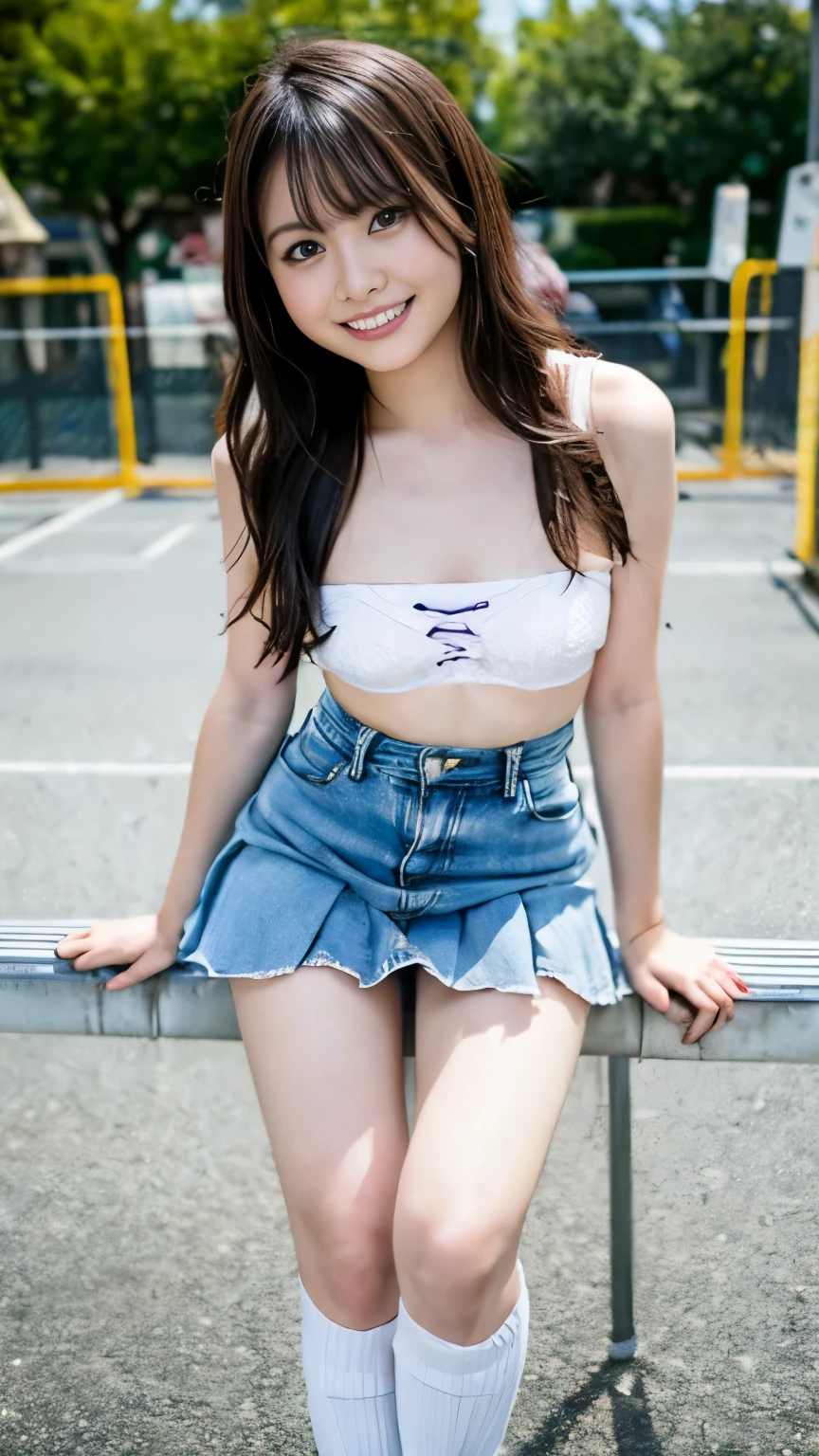 (masterpiece, Highest Quality:1.2), 8k, young and beautiful girl, 85mm, OFFICIAL AR RAW PHOTO , babyface、photo shoot, cute face , while staring at the audience, smile , film grain, Color Difference, High Concentration , Face Light, detailed face、denim miniskirt、pleated emi-long wavy hair、slender body、 camisole caught、girl pieces、background is Disneyland、 breast bulge、standing、white loose socks to sit on the playground