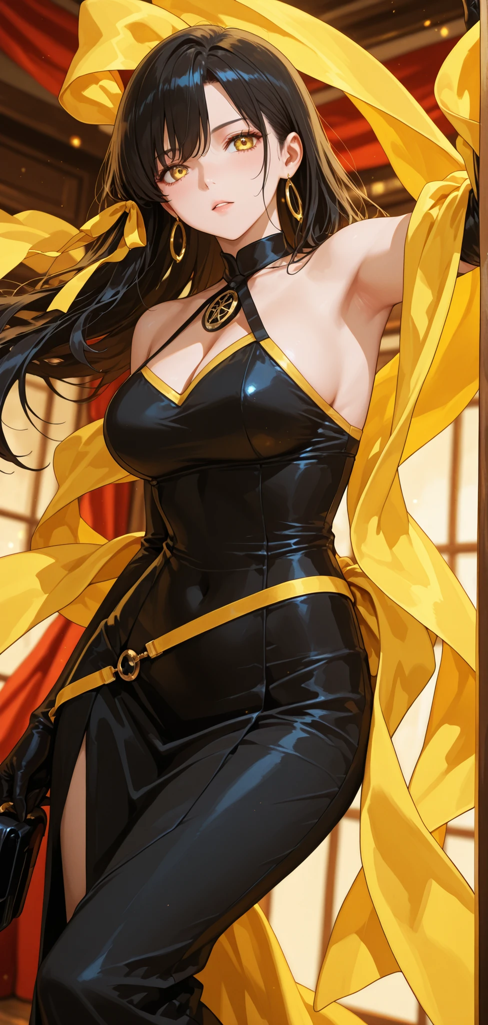 A woman in black magically using a ribbon of yellow fabric, in a highly detailed anime style