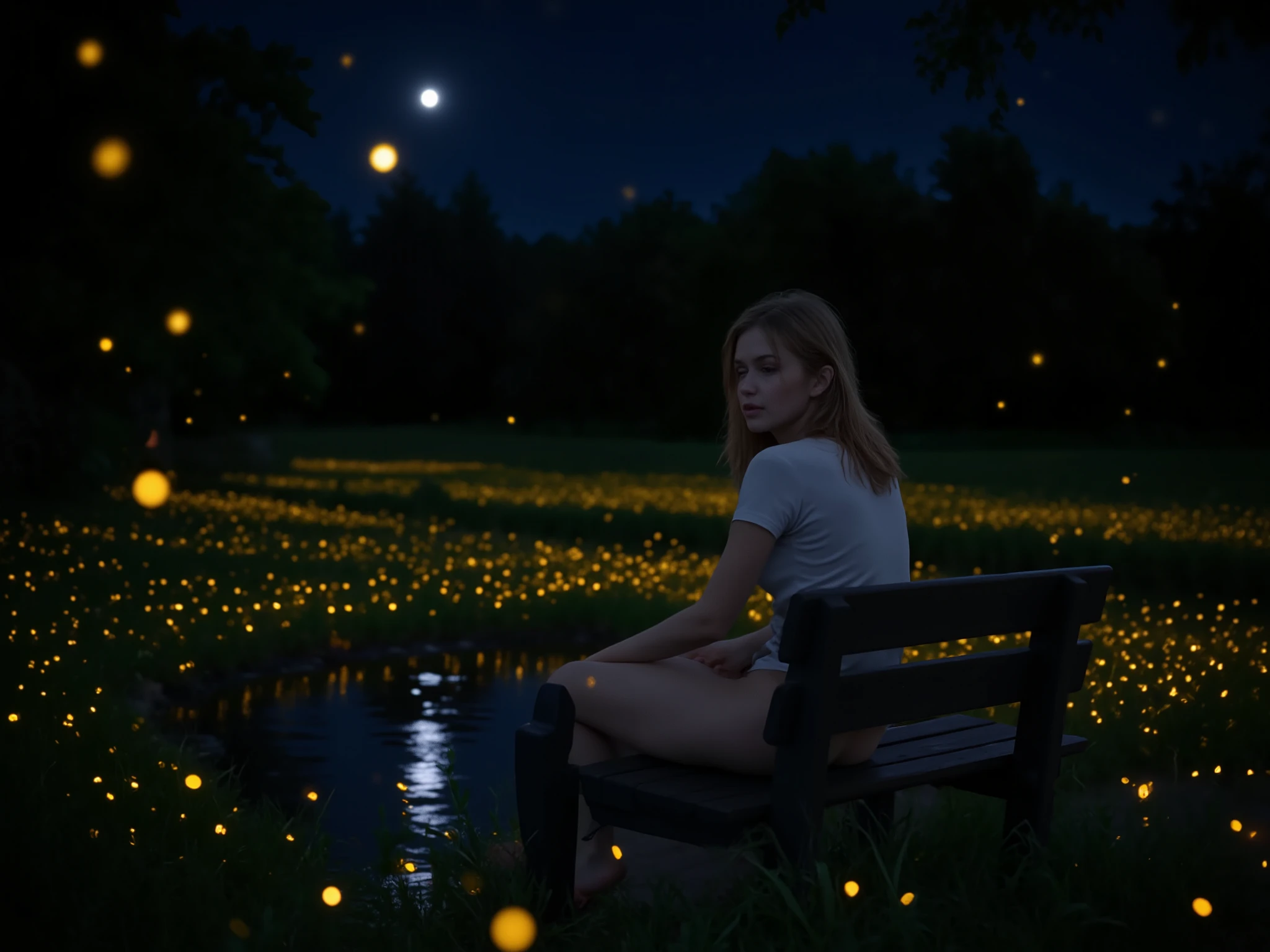 photorealistic, ultra-detailed, realism, summer night, quiet and peaceful atmosphere, thousands of glowing fireflies illuminating the dark, young woman sitting on a wooden bench by a small pond, soft reflection on water, gentle breeze moving grass and trees, warm yellow-orange light from fireflies, subtle moonlight, realistic skin texture, natural hair flow, soft shadows, ambient lighting, cinematic composition, shallow depth of field, highly detailed textures on clothing, wooden bench, and surrounding foliage, soft bokeh from glowing insects, mood of secrecy and romantic calmness, 8K resolution, RAW photo quality, no fantasy elements, no anime style