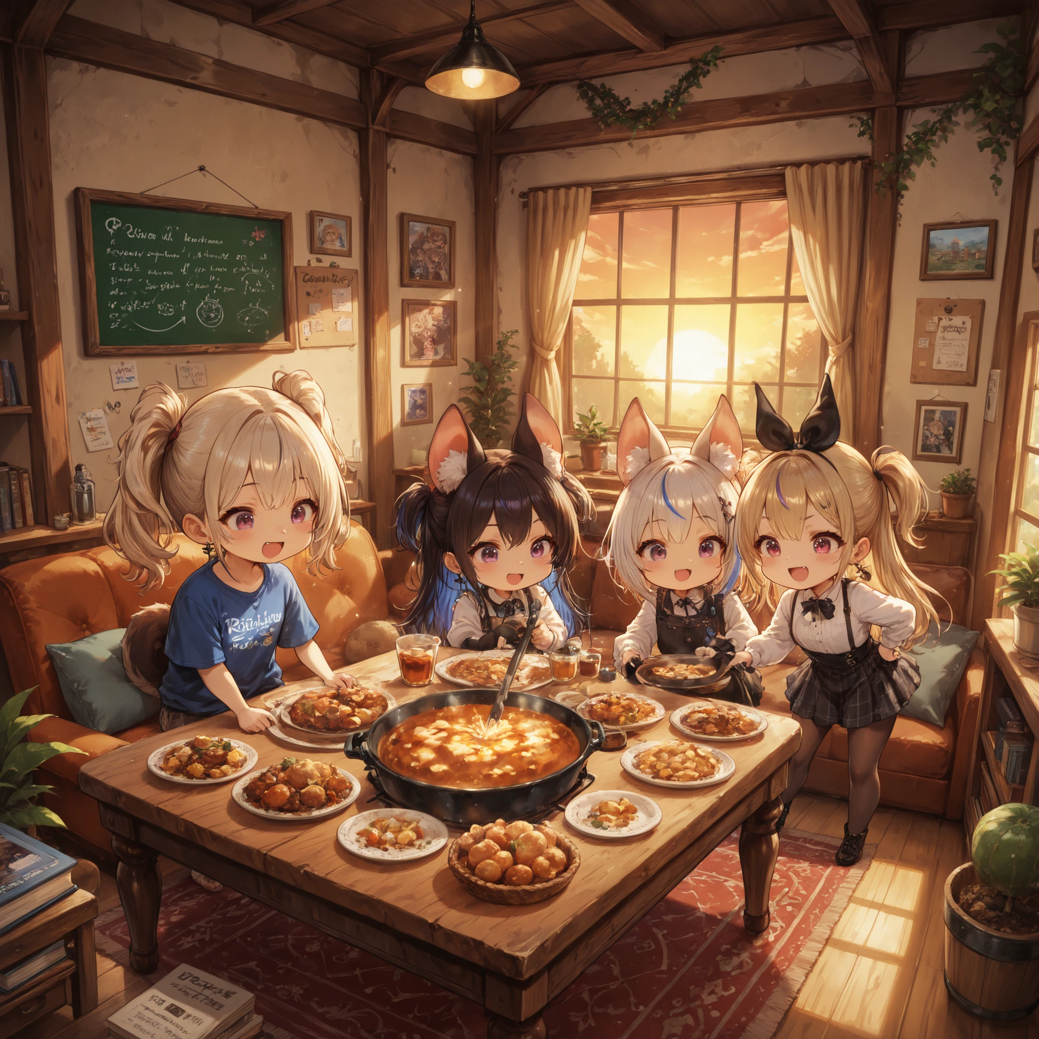 (chibi:1.2), 2.5 heads tall, living room in the rebellious period、Kemomimi girl、 bat girl 、rebellious girl share house, unique young people, free space, wall full of graffiti, messy living room, different fashion styles, dyed hair, earrings, young women getting together, handwritten house rules bulletin board, Unique Room Decor, cross-cultural accessories, Self-made art, momentary unity, cooking together, Diverse expressions, Rebellious Posture , laptop and book, Sunset Seen Through Window, unique community,