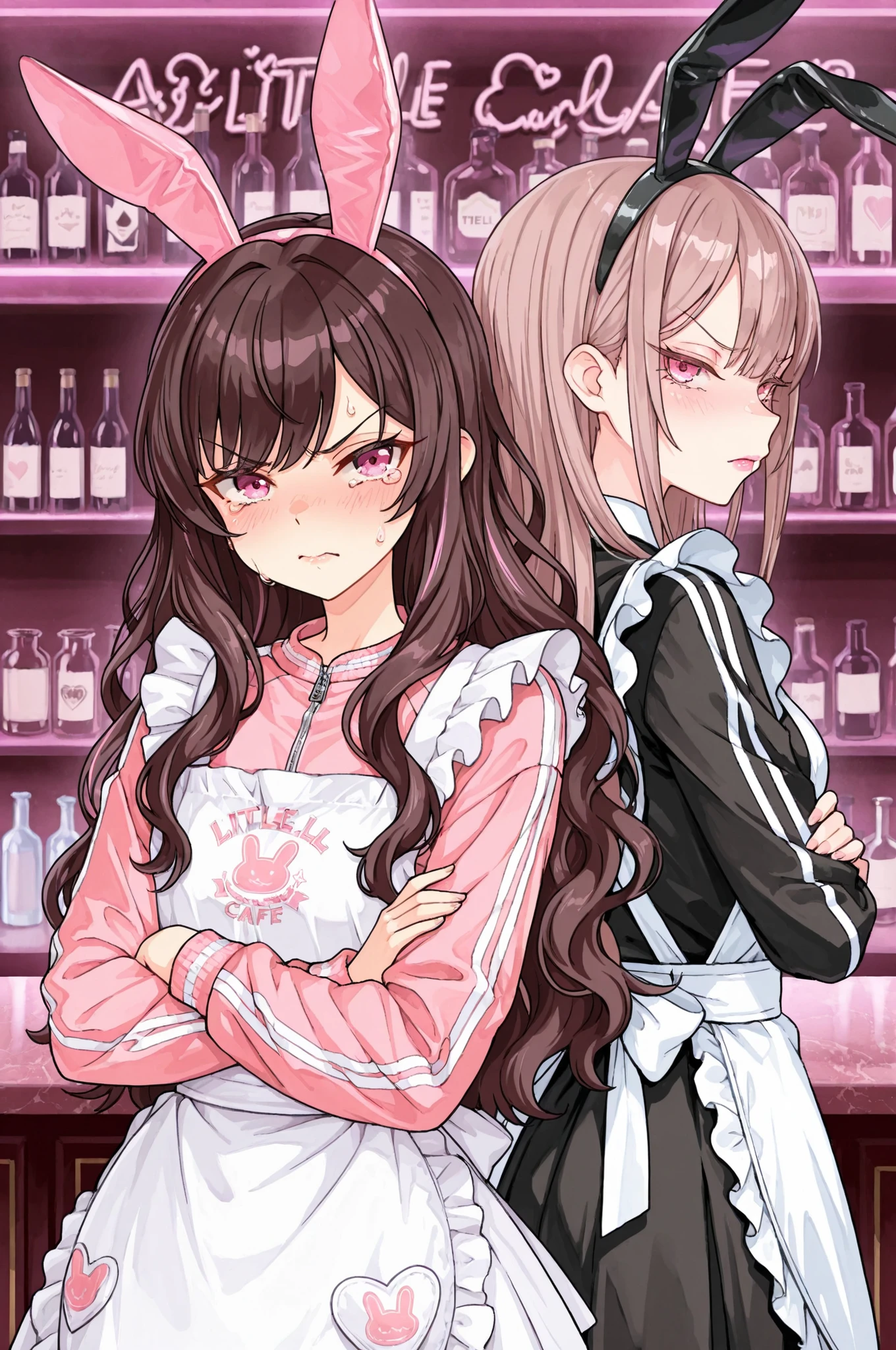 Highest Quality, high resolution, 2 cafe girls, Long Lashes, Lip Gloss, (two girls in conflict, back to back, maid cafe costume, jersey, white apron, black bunny ears,) girl A:(little girl, slim figured, pink eyes,  brown long wavy hair, tears) girl B:(black twin teil hair, pink eyes, arms crossed pose,) raised eyebrows, angry expression, girly fashion, cute jersey made costumes, bar counter background, ((pink and lite blue color palette,))