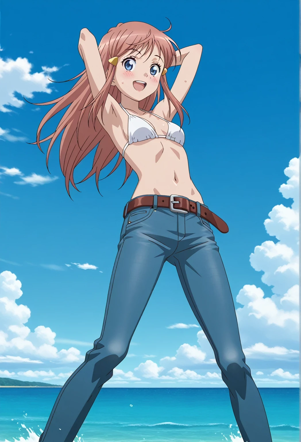 score_9, score_8_up, score_7_up, source_anime, highres, hi res, ((best quality, top quality, perfect quality, Highest Quality, amazing quality)), {{masterpiece}}, {{an extremely delicate and beautiful}}, 2d, intricate details, official style, anime, 8k, anime style, official_anime, official art, digital painting, cell shading, soft shading, high resolution, soothing tones, Subdued Color, Soft cinematic light, adobe lightroom, photolab, HDR, intricately and hyper-detailed, ((high quality animation)), 1 girl, Alone, solo, ((ocean)), tsunami, on the water, day, sunny, outdoors, sky, windy, kato_marika, brown hair, long hair, blue eyes, anime screencap, small breasts, white bikini top, best quality, hyper-detailed jeans, belt, brown belt, ((blue jeans:1.9)), (dark blue jeans:0.6), full medium body, medium shot, Open mouth, smiling, happy face, blush, sweat, standing, ((arms behind head:6.0)), bowlegged, jumping pose, action, looking at viewer, spread legs, Bend knees slightly, straight-on front view