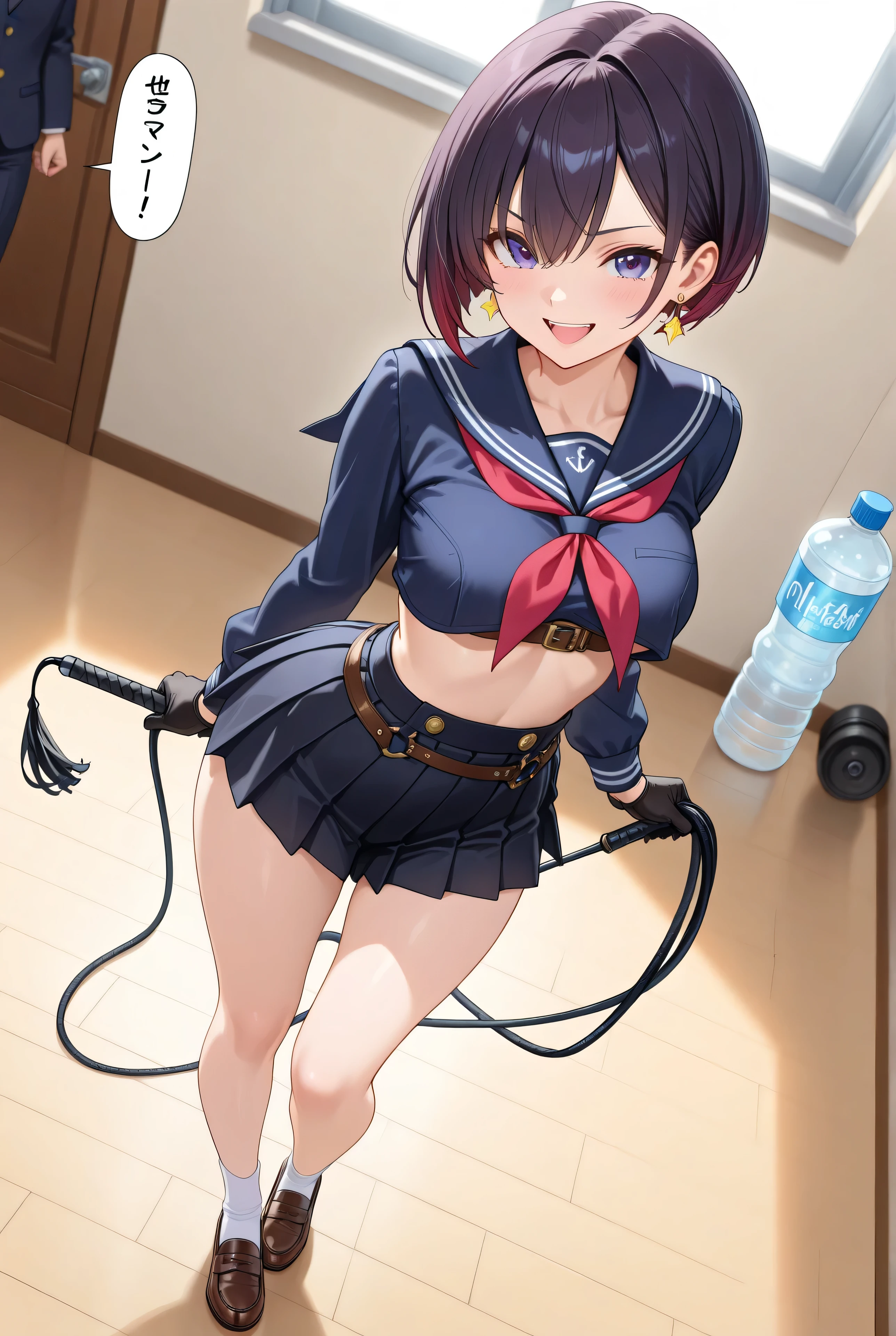 anime、animeフェイス、chest、 thighs、 trained butt 【black shorts】miniskirt with support【sailor's uniform】 FULL BODY、dark hair　、【short bob haircut】upper torso harness belt x 2、small face 、( the highest quality:1 . 2 , 4k , 8K , very detailed , Attention to detail , masterpiece:1 . 2 , better aesthetics)【al aire libre】night、floor 、black gloves  、Female high school student、 、Short belly bob haircut　、ligger 、 liga　Garterベルト on  thighs, 黒のmoccasins、1girl,  black gloves  、  クロleagueベルト、黒のmoccasins、that glowed in neon、standing position、FULL BODY、laughing、with a whip、Tough Female Trainer、Contempt、chest belt (至高のmasterpiece, the highest quality, super detailed),  TORSO IS A BUTT /shrug//Half off the outfit/ブラジャーとchestの谷間/ Disconnect, Excessive pressure, (The pleated skirt is dynamic:1.2), moccasins, has a whip     , dynamic angle,   Preparing javelin  , dynamic pose, (action scene)(Hyperrealistic fighting action ) decorations /shiny earrings that fit the head perfectly/Novelty neon color effects/black shorts