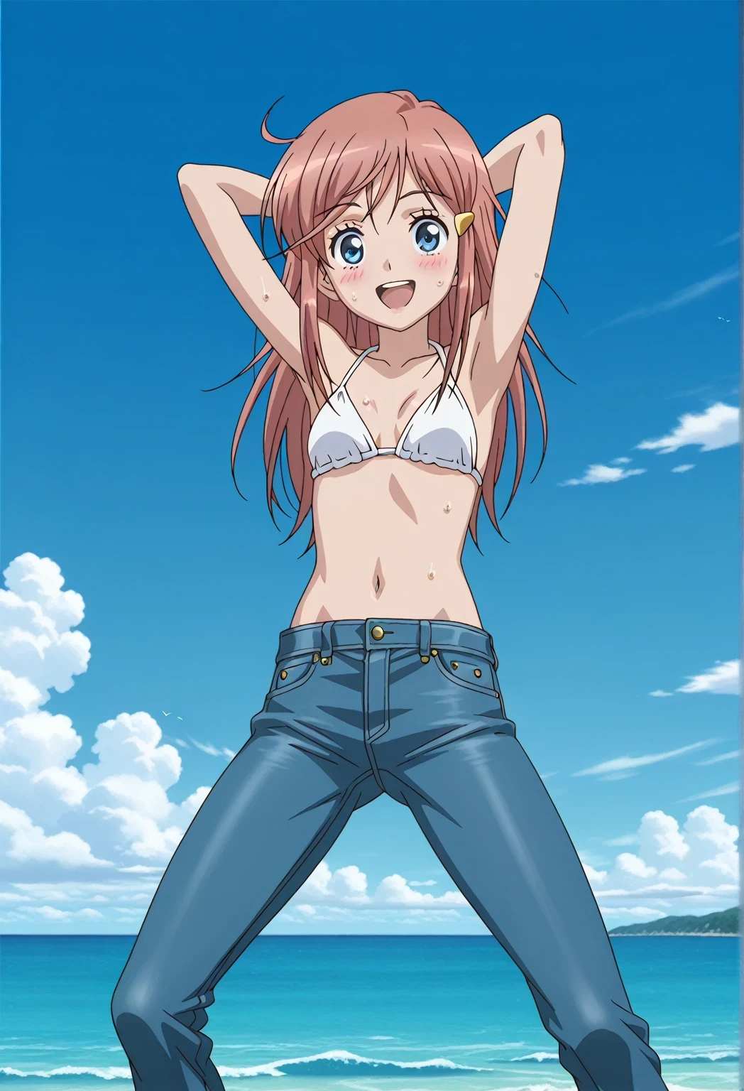 score_9, score_8_up, score_7_up, source_anime, highres, hi res, ((best quality, top quality, perfect quality, Highest Quality, amazing quality)), {{masterpiece}}, {{an extremely delicate and beautiful}}, 2d, intricate details, official style, anime, 8k, anime style, official_anime, official art, digital painting, cell shading, soft shading, high resolution, soothing tones, Subdued Color, Soft cinematic light, adobe lightroom, photolab, HDR, intricately and hyper-detailed, ((high quality animation)), 1 girl, Alone, solo, ((ocean)), tsunami, on the water, day, sunny, outdoors, sky, windy, kato_marika, brown hair, long hair, blue eyes, anime screencap, small breasts, white bikini top, best quality, hyper-detailed jeans, ((blue jeans:1.9)), (dark blue jeans:0.6), full medium body, medium shot, Open mouth, smiling, happy face, blush, sweat, standing, ((arms behind head:6.0)), bowlegged, jumping pose, action, looking at viewer, spread legs, Bend knees slightly, straight-on front view