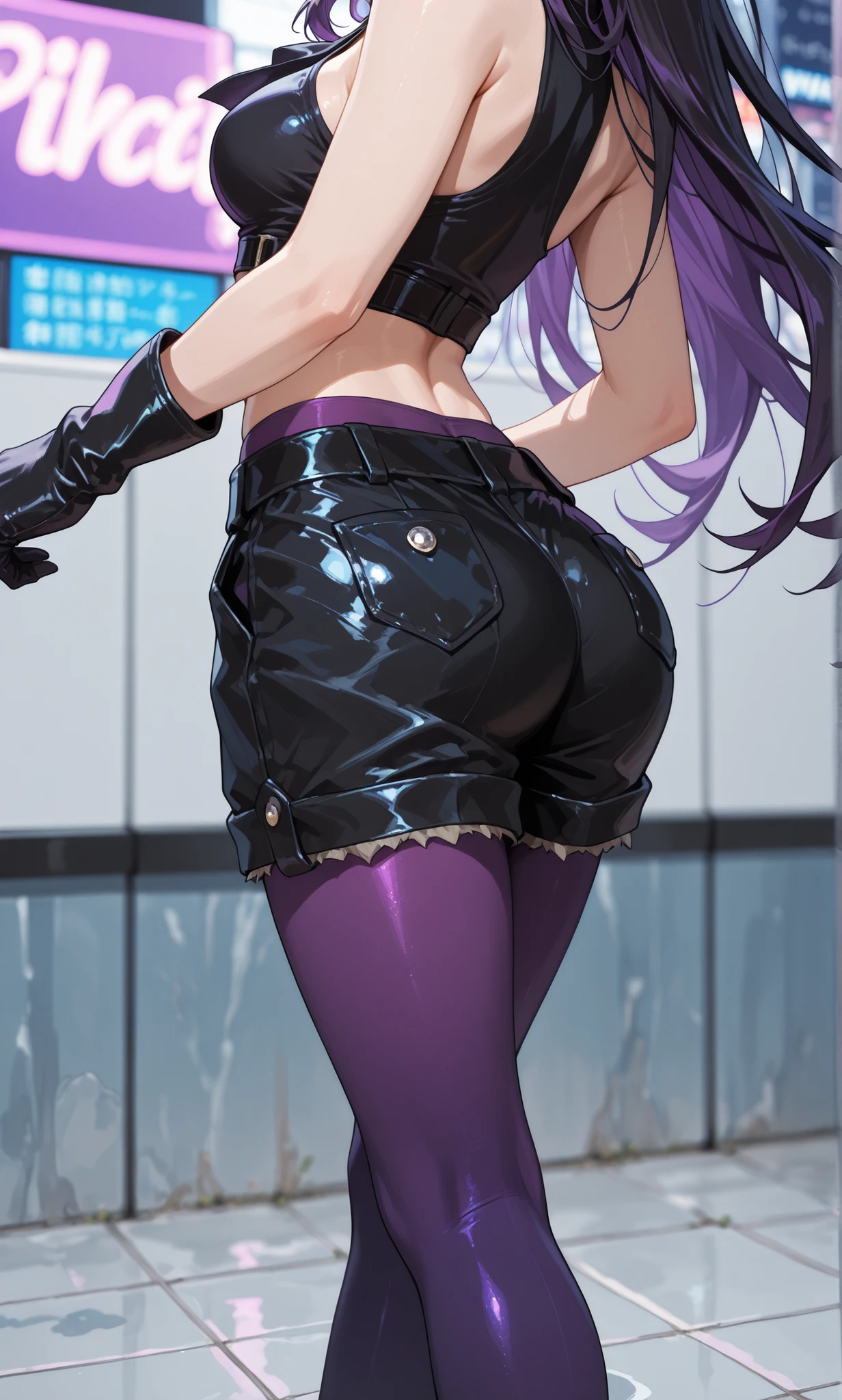 A woman in black top and shorts and purple pantyhose under shorts in a highly detailed anime style