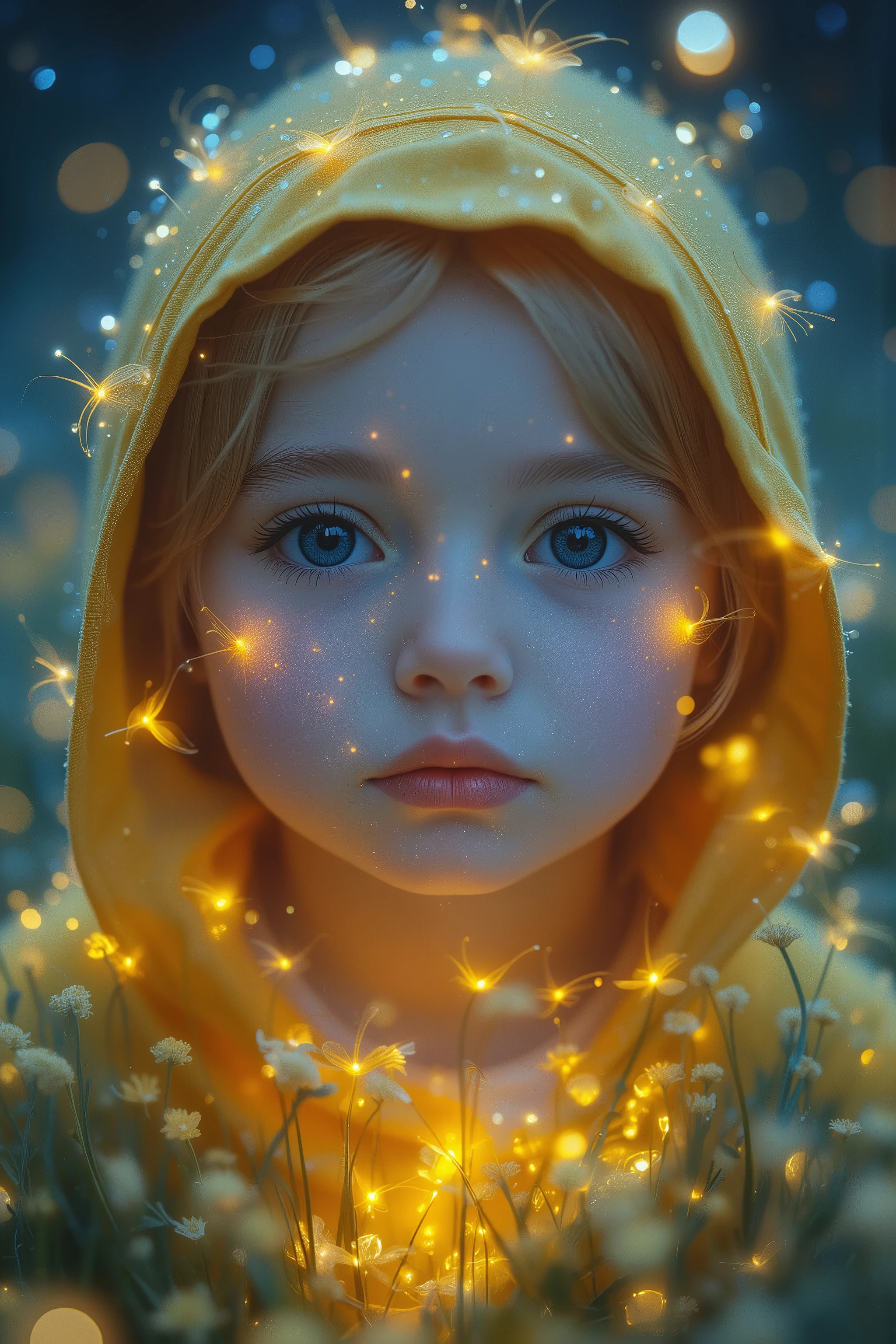A masterpiece of Rinko Kawauchi art photography. close-up of a girl's face under a yellow hoodie hood, blonde pigtails peek out from under the hood, dozens of fireflies slowly crawl across the hoodie fabric and hood, creating a living map of constellations, their light blurs in the soft side and forms shining halos, the child's large eyes reflect the dance of fireflies and are full of enthusiastic amazement. dew droplets on the grass refract light, creating miniature universes. The boundaries of reality blur in the flickering light, a fine line between the micro and macro worlds. muted blue and gold tones spread out in watercolor spots, ultra-soft focus with a haze effect, light highlights turn into abstract shapes. the feeling of a frozen moment and at the same time the fluidity of time, poetic interpretation of a child's perception of a miracle, photography in the style of Rinko Kawauchi, ethereal, luminous, translucent, hazy, dreamlike abstraction, intimate detail, fleeting moment, poetic realism. breathtaking surreal masterpiece. 8K resolution, ultra fine.