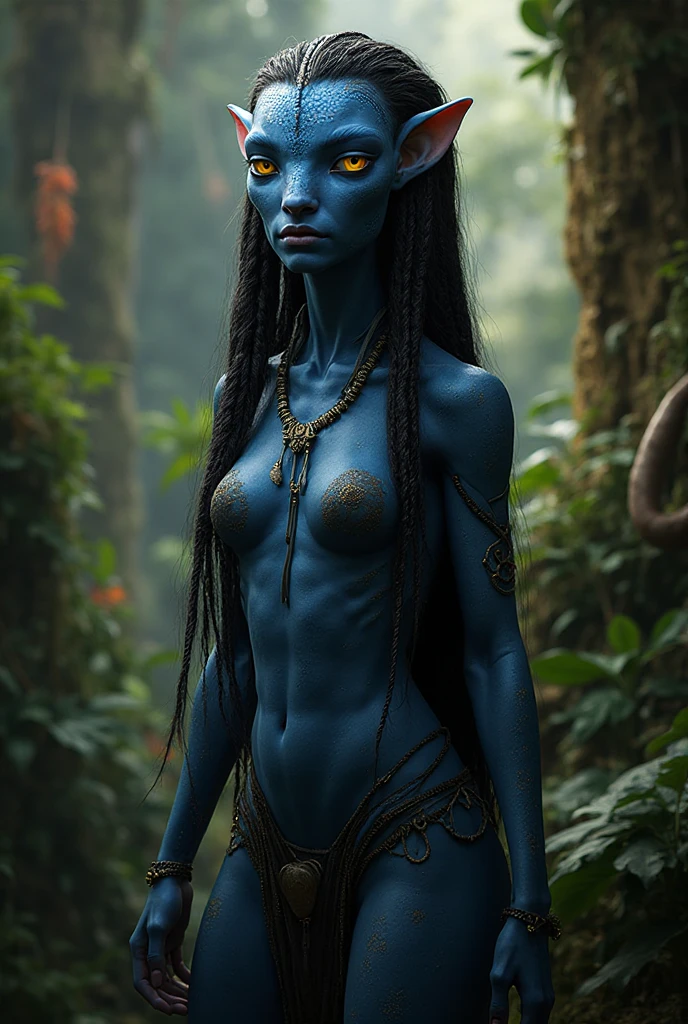 An image which would look like drawn out from avatar movie but the avatars represent Indian culture standing in the rain forest the background should be little dark with bluish point lights all around and human colour is blue and a monster standing behind human