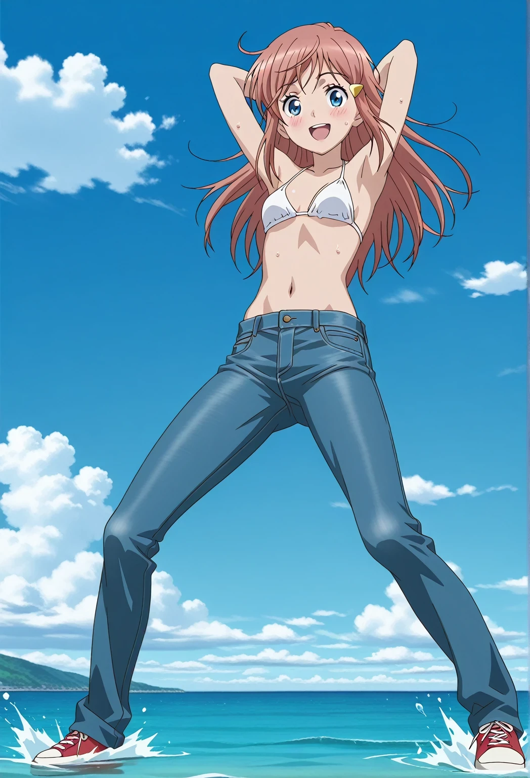 score_9, score_8_up, score_7_up, source_anime, highres, hi res, ((best quality, top quality, perfect quality, Highest Quality, amazing quality)), {{masterpiece}}, {{an extremely delicate and beautiful}}, 2d, intricate details, official style, anime, 8k, anime style, official_anime, official art, digital painting, cell shading, soft shading, high resolution, soothing tones, Subdued Color, Soft cinematic light, adobe lightroom, photolab, HDR, intricately and hyper-detailed, ((high quality animation)), 1 girl, Alone, solo, ((ocean)), tsunami, on the water, day, sunny, outdoors, sky, windy, kato_marika, brown hair, long hair, blue eyes, anime screencap, small breasts, white bikini top, best quality, hyper-detailed jeans, ((blue jeans:1.9)), (dark blue jeans:0.6), full medium body, medium shot, Open mouth, smiling, happy face, blush, sweat, standing, ((arms behind head:6.0)), bowlegged, jumping pose, action, looking at viewer, spread legs, Bend knees slightly, straight-on front view