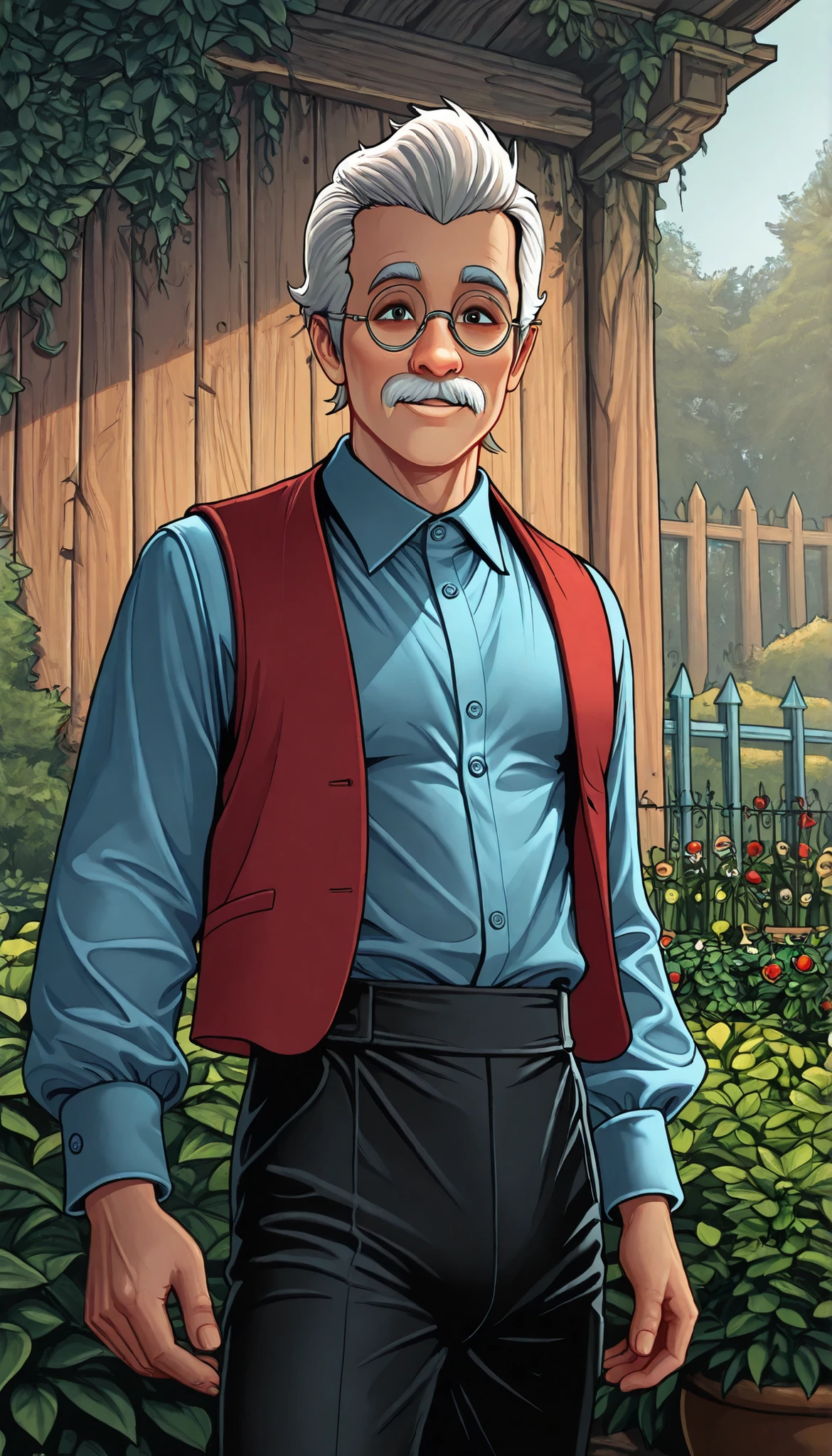 (1boy, DisneyGeppetto), (extremely detailed CG unit 8k wallpaper),(master part), (best quality), (ultra detail), (best illustration),(dan mumford ), cowboy shot, dutch angle, close up, standing, facing viewer, looking at viewer, perfect face, perfect eyes, perfect fingers, (Sharp eyeliner, ombre, detailed eyes:1), traditional media, outdoors, garden, wooden wall, break , ((upper body)), solo, old, white hair, short hair, white moustache, small round glasses 
Blue shirt, long sleeves, black pants, red vest, open vest, smile, arms at side 