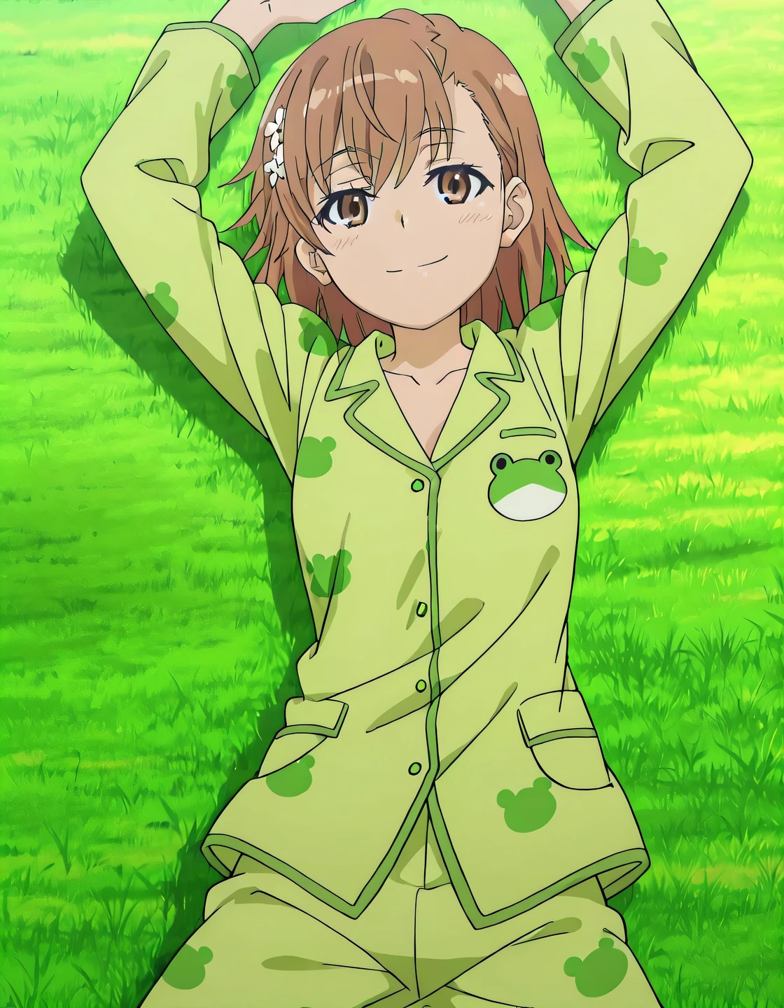 M1k0t0M1s&k&, brown hair, brown eyes, short hair | hair ornament, hair flower, green pajamas, frog print, animal print, anime screencap, high quality, solo, lying, on back, arms up, legs apart, closed mouth, on grass, cowboy shot, looking at viewer, smile, best quality
