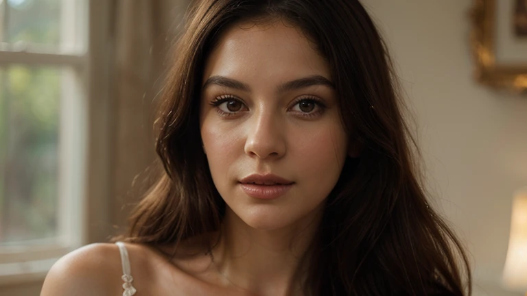 imagine a 21 year old woman with a refined and symmetrical  structure. Her complexion appears to be smooth and has a healthy, natural glow, suggesting a light olive skin tone. Her eyes are almond-shaped and have a compelling, intense gaze that could be described as deep hazel green. These eyes are framed by neatly shaped, medium-thick eyebrows that arc gently over her eyelids. Her hair is long, reaching below shoulder length, and displays a rich, dark brown color. It has a subtle wave, giving it volume and a soft, flowing appearance. The hair is parted slightly off-center, and some strands gently frame the sides of her face, enhancing her cheekbones. Her lips are full and well-defined, with a soft pink shade of lipstick that accentuates their shape without overpowering her natural look. Her makeup is minimal, aiming to enhance her features rather than transform them, with perhaps a hint of mascara to bring attention to her eyes.