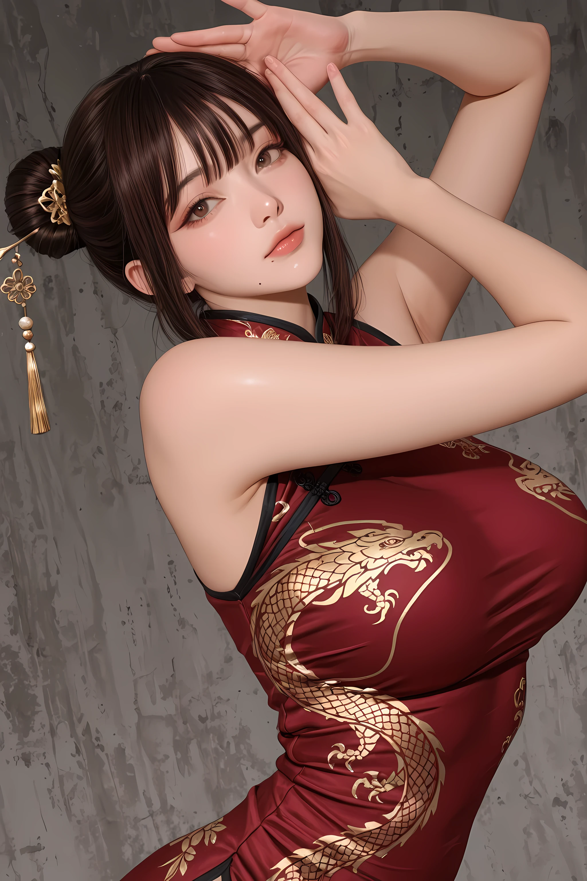 The golden ratio, Proper composition,BEAUTIFUL ILLUSTRATION, (masterpiece, detailed:1.2), maorix,score_9, score_8_up, score_7_up, score_6_up, score_5_up, 1girl, huge tit, <lora:kasumi kominami-v:2>, red china dress with dragon pattern,  five anatomically correct fingers, mole under mouth, close-up, brown hair, chignon hair, super quality, 8k, super quality, beautiful Japanese woman, teen, 表情のclose-up, detailed eyes, careful brown iris, transparent brown eyes, high resolution, Beautiful Japanese woman with big boobs standing, anatomically correct ratio :1.331,  Tiny Head :1.331, Upper body angle, detailed skin, detailed face, dynamic pose, The viewer looks up at her, grey background, 
