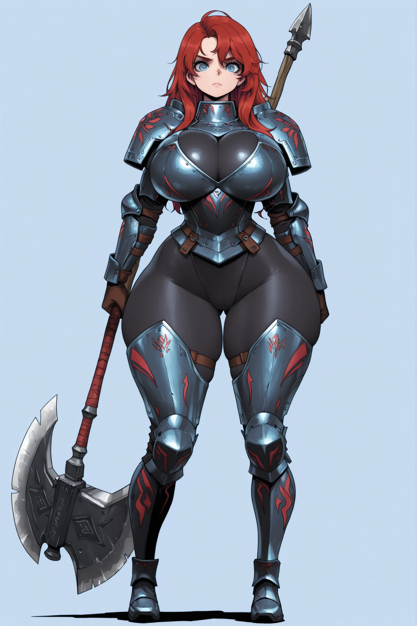 Masterpiece, top quality, a girl, the latest, vibrant, very aesthetic, high contrast, detailed eyes, HD eyes, wild warrior, blue eyes, red hair, big breasts, wide hips, strong legs, trivial combat armor, large axe.