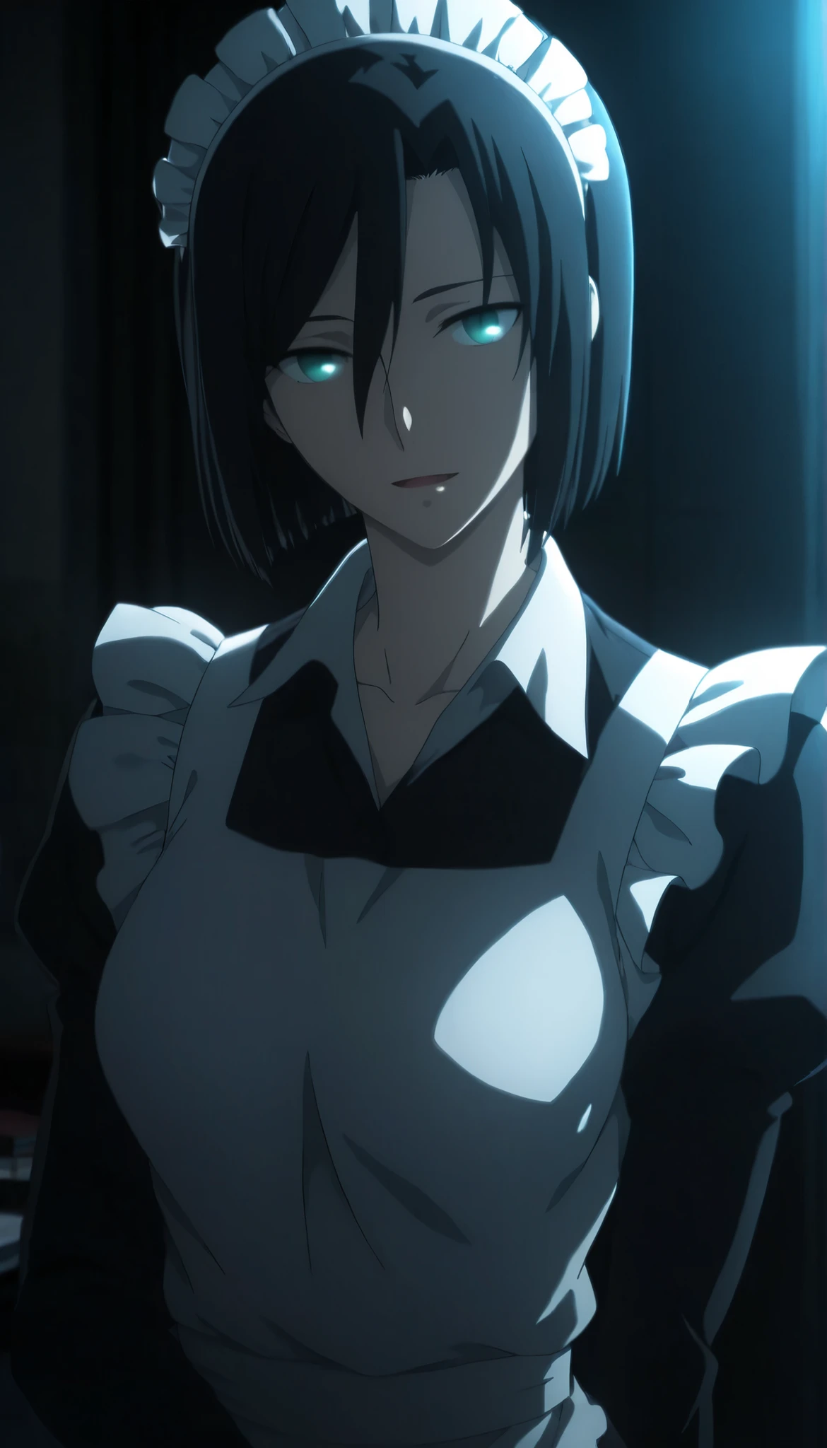 <lora:KnK_aozaki_toukoXLIllustrious001>,
masterpiece,best quality,good quality,newest, detailed face,
office, dark , ,
light smile, light open mouth,
looking at viewer,
solo,
anime coloring,
aozaki_touko\(kara_no_kyoukai\),1girl,(), (bob cut hair), ((black hair)), bangs, , (green blue eyes),(detailed beautiful eyes),,
medium breasts, (aged up:1.2),
(maid) ,head tilt,
standing,