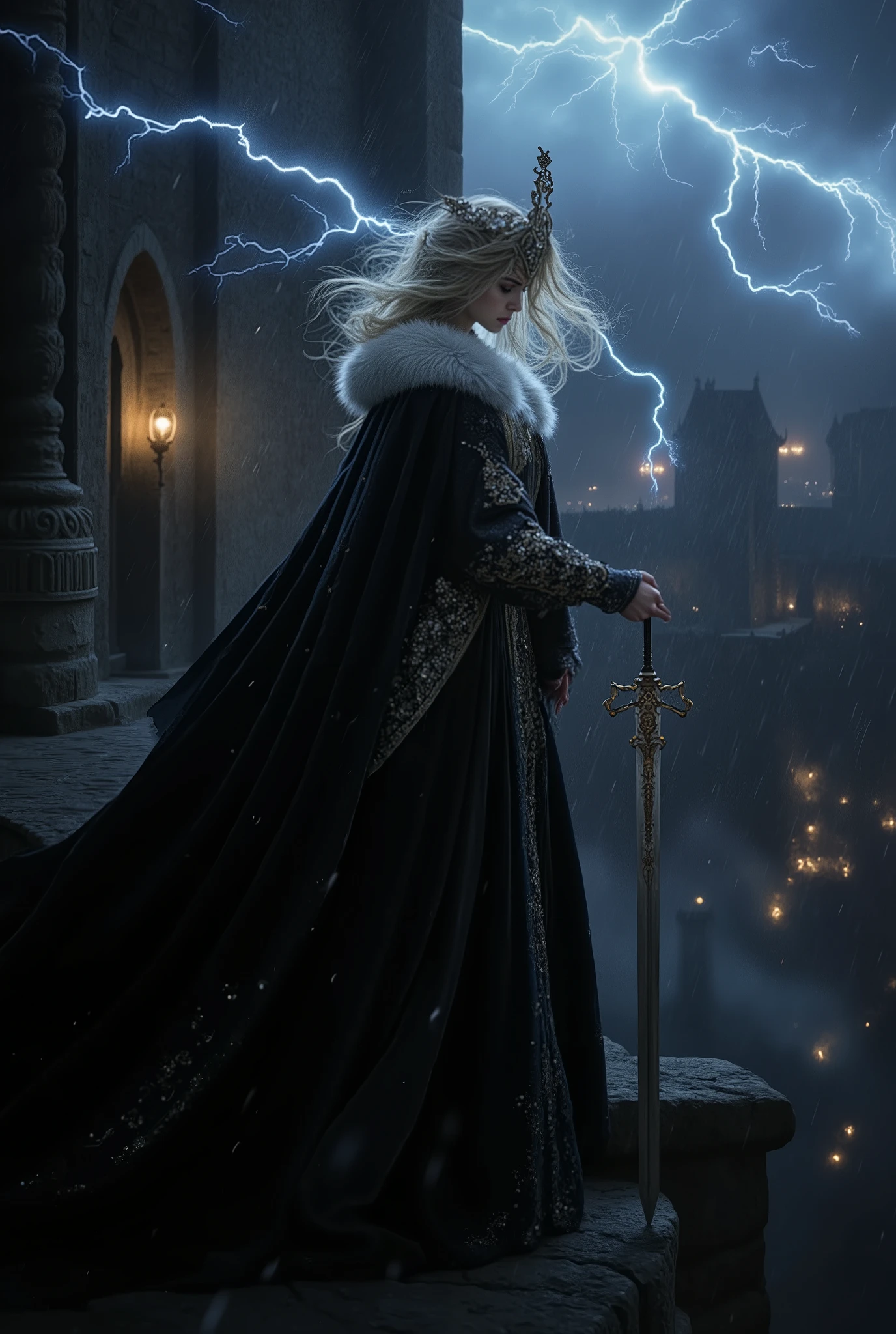 A medieval queen stands tall on the stone battlements of her castle as a thunderstorm rages. Her heavy velvet gown and fur-lined cloak whip around her in the howling wind, rain lashing her face. She grips the parapet with one hand, the other clutching a jeweled sword, her eyes blazing with defiance and sorrow. Lightning splits the sky, illuminating her regal silhouette and the storm-tossed banners behind her. The castle towers loom in the background, and the distant battlefield is shrouded in mist and rain. Her presence is both commanding and tragic, a symbol of strength in the face of chaos.