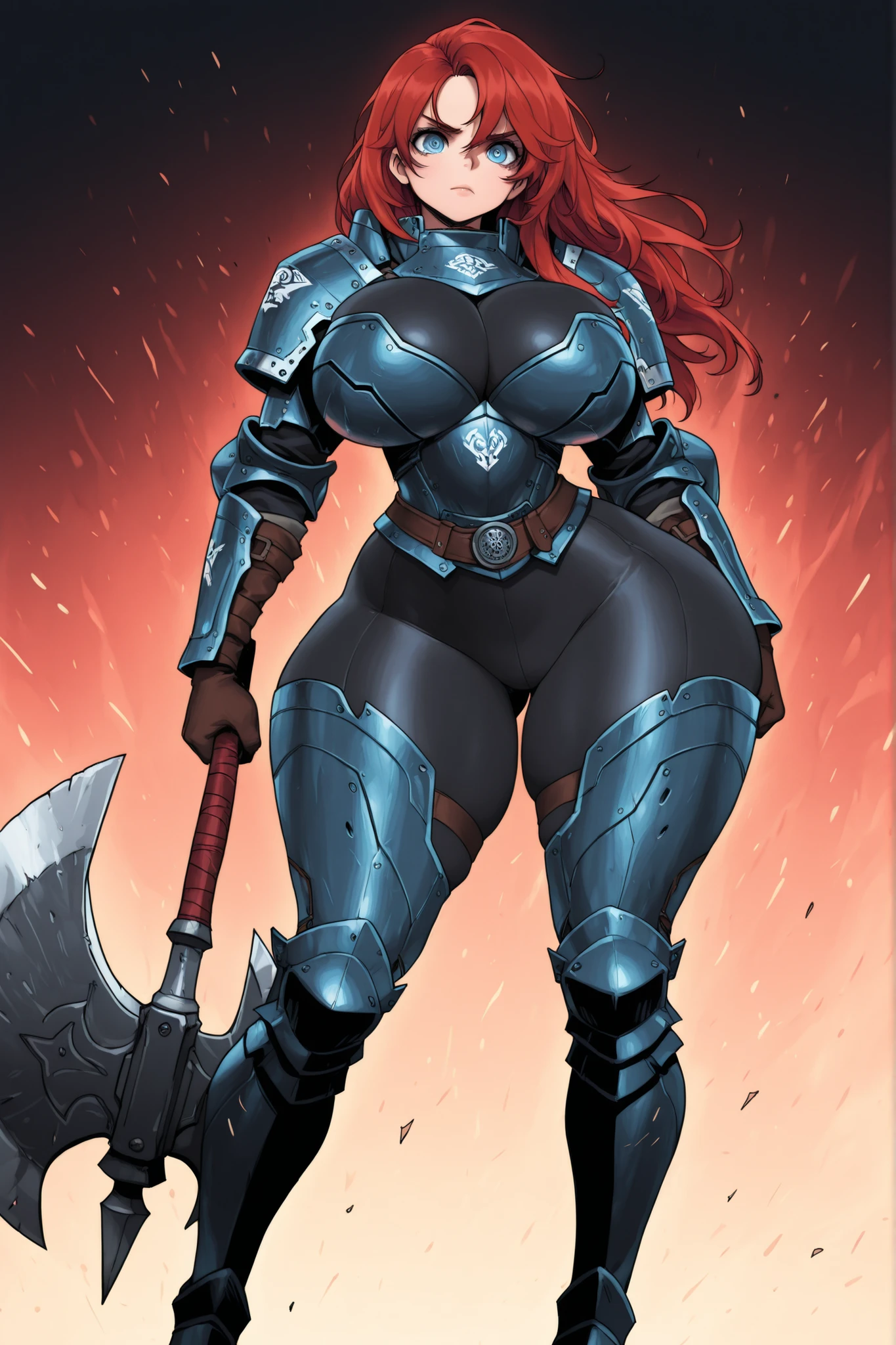 Masterpiece, top quality, a girl, the latest, vibrant, very aesthetic, high contrast, detailed eyes, HD eyes, wild warrior, blue eyes, red hair, big breasts, wide hips, strong legs, trivial combat armor, large axe.