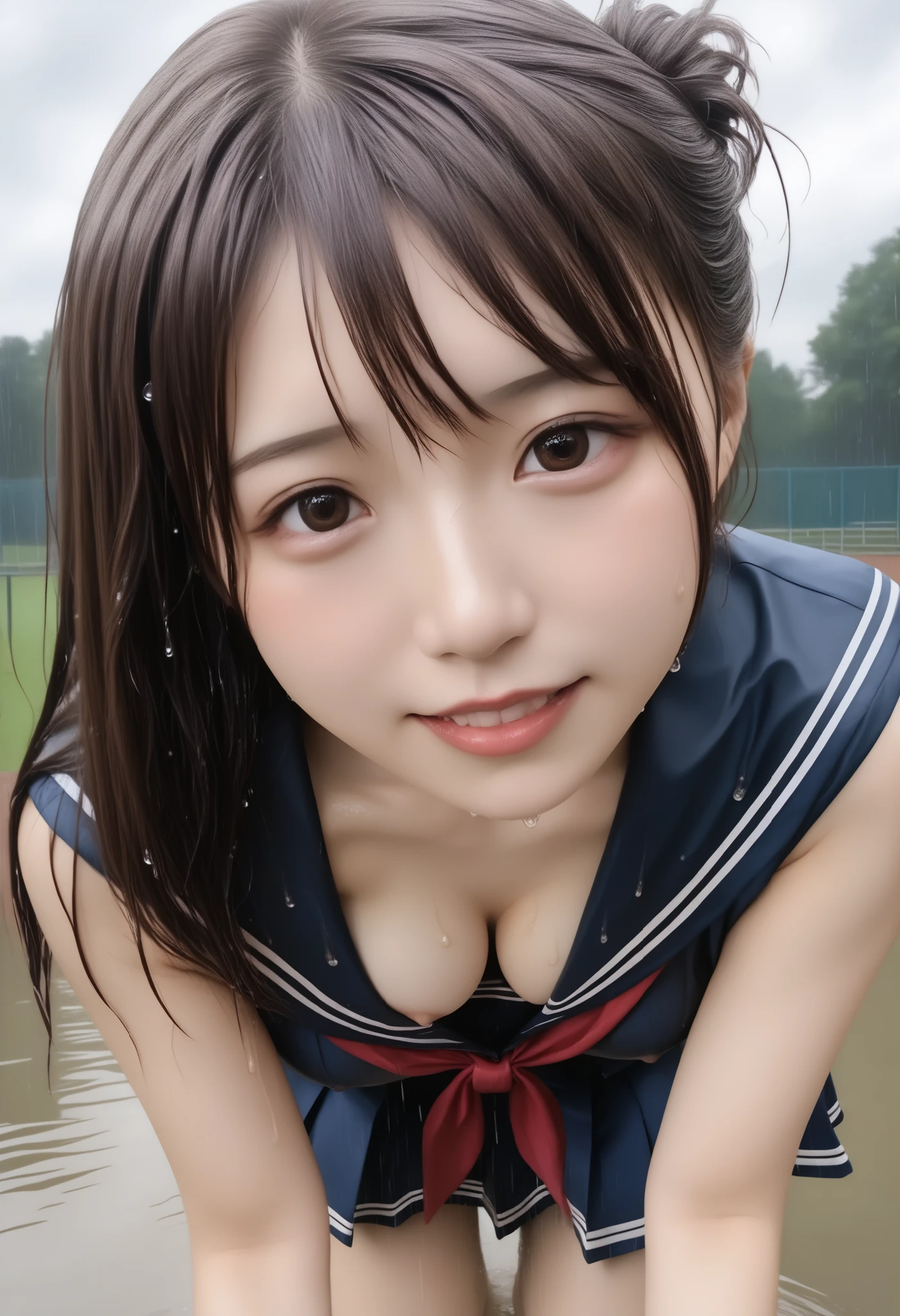 Highest Quality、high quality、Highest Image Quality、8k、最high resolution、high resolution、Highest Quality、masterpiece、Original photo、Full body photo、Human body recreated in every detail、Real Skin in Every Detail、realistic face in every detail、Detailed and realistic eyes、realistic lips in every detail、Real Teeth in Every Detail、Detailed and realistic ears、Realistic hairstyle down to the last detail、 Detailed and realistic arms 、realistic work that has been faithfully reproduced down to the smallest detail、realistic legs down to the smallest detail、(、thumb1reference4)、realistic legs down to the smallest detail、realistic legs down to the smallest detail、Realistic down to the details 、 realistic in every detail 、 recreated in detail 、((Japanese model))、((gravure idol))、((Young face))、((Dark Haired))、((medium rounded ))、(( Stylish Body ))、(((Drenched and wet skin all over )))、Detailed and Realistic Human Body、Realistic skin with attention to detail、Detailed realistic face、detailed realistic arms、Detailed and realistic fingers、realistic legs down to the smallest detail、Detailed Realistic 、((暗い cold stormy weather))、((Heavy Rain))、((heavy rain))、((School Playground))、sailor suit next to the eye、sailor skirt、Japanese School Uniform、((Heavy Rainの中(Girl standing in the middle of the schoolyard))、((You can see through when wet (クロップトップsailor suit next to the eye、ミニsailor skirt))、((( white panties visible between thighs,Her panties are see-through in the rain)))、((troubled face、blush、cowgirl))、((Heavy Rainを浴びて( Wet Skin from Head to Feet ))、((Rainwater dripping from her skin))、((The body lines are clearly visible even through the uniform.(The uniform is wet and sticks to her skin.))、((Rainwater dripping from the uniform))、Angle from Below