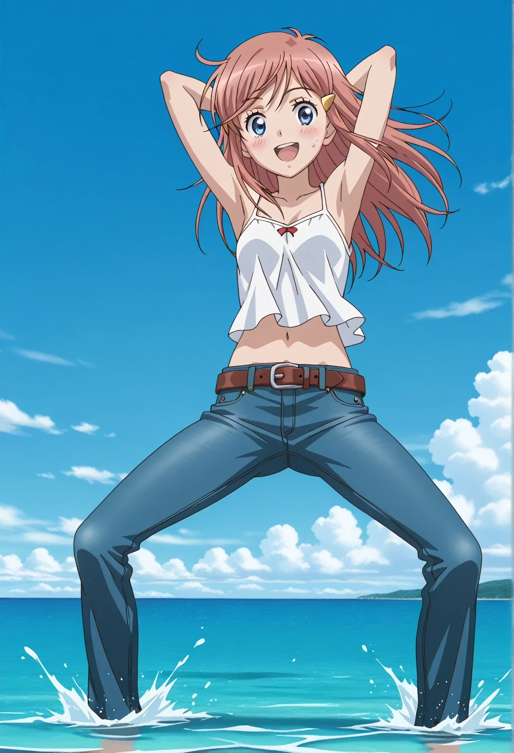 score_9, score_8_up, score_7_up, source_anime, highres, hi res, ((best quality, top quality, perfect quality, Highest Quality, amazing quality)), {{masterpiece}}, {{an extremely delicate and beautiful}}, 2d, intricate details, official style, anime, 8k, anime style, official_anime, official art, digital painting, cell shading, soft shading, high resolution, soothing tones, Subdued Color, Soft cinematic light, adobe lightroom, photolab, HDR, intricately and hyper-detailed, ((high quality animation)), 1 girl, Alone, solo, ((ocean)), tsunami, on the water, day, sunny, outdoors, sky, windy, kato_marika, brown hair, long hair, blue eyes, anime screencap, small breasts, white camisole top, crop top, white crop top, best quality, hyper-detailed jeans, belt, brown belt, ((blue jeans:1.9)), (dark blue jeans:0.6), full medium body, medium shot, Open mouth, smiling, happy face, blush, sweat, standing, ((arms behind head:6.0)), bowlegged, jumping pose, action, looking at viewer, spread legs, Bend knees slightly, straight-on front view