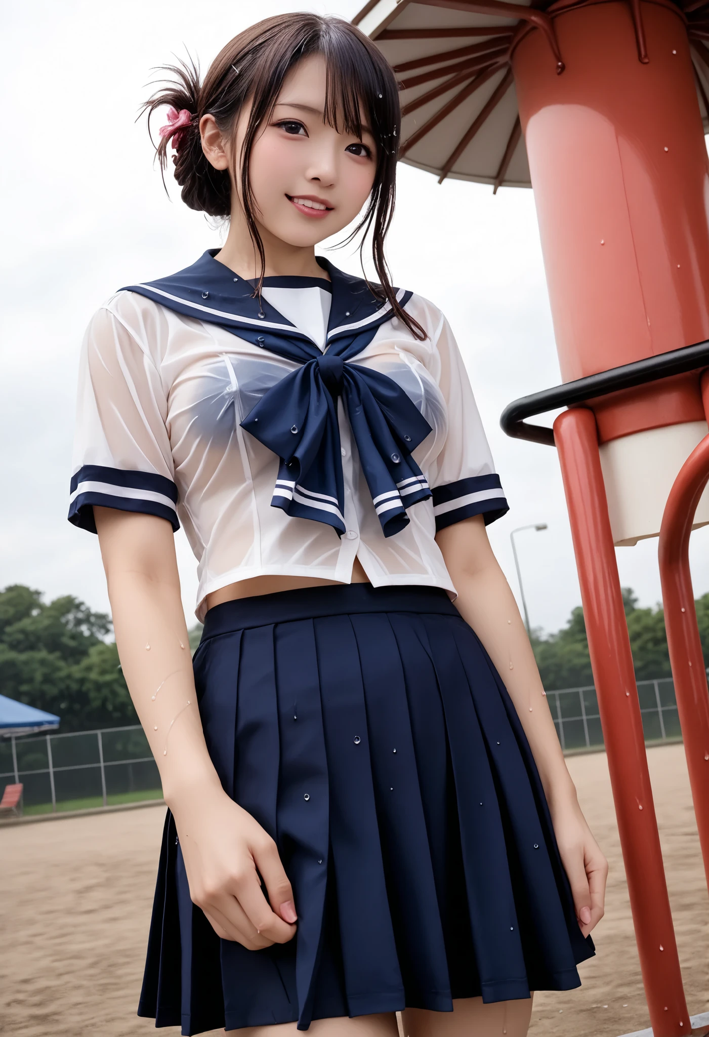 Highest Quality、high quality、Highest Image Quality、8k、最high resolution、high resolution、Highest Quality、masterpiece、Original photo、Full body photo、Human body recreated in every detail、Real Skin in Every Detail、realistic face in every detail、Detailed and realistic eyes、realistic lips in every detail、Real Teeth in Every Detail、Detailed and realistic ears、Realistic hairstyle down to the last detail、 Detailed and realistic arms 、realistic work that has been faithfully reproduced down to the smallest detail、realistic legs down to the smallest detail、(、thumb１reference４)、realistic legs down to the smallest detail、realistic legs down to the smallest detail、Realistic  down to the details 、 realistic  in every detail 、  recreated in detail 、((Japanese model))､((gravure idol))、((Young face))、((Dark Haired))、((medium rounded ))、(( Stylish Body ))、(((Drenched and wet skin all over  )))、Detailed and Realistic Human Body、Realistic skin with attention to detail、Detailed realistic face、detailed realistic arms、Detailed and realistic fingers、realistic legs down to the smallest detail、Detailed Realistic  、((暗い cold stormy weather))、((Heavy Rain))、((heavy rain))、((School Playground))、sailor suit next to the eye、sailor skirt、Japanese School Uniform、((Heavy Rainの中(Girl standing in the middle of the schoolyard))、((You can see through when wet (クロップトップsailor suit next to the eye、ミニsailor skirt))、((( white panties visible between thighs,Her panties are see-through in the rain)))、((troubled face、blush、cowgirl))、((Heavy Rainを浴びて( Wet Skin from Head to Feet ))、((Rainwater dripping from her skin))、((The body lines are clearly visible even through the uniform.(The uniform is wet and sticks to her skin.))、((Rainwater dripping from the uniform))、Angle from Below