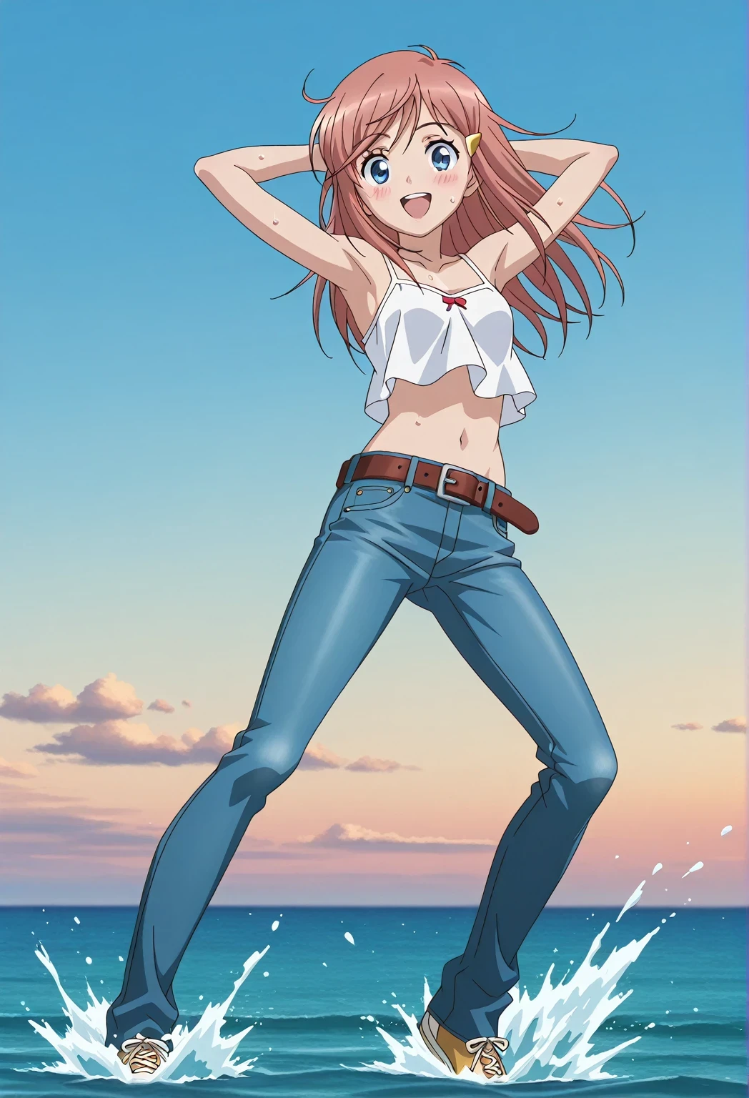 score_9, score_8_up, score_7_up, source_anime, highres, hi res, ((best quality, top quality, perfect quality, Highest Quality, amazing quality)), {{masterpiece}}, {{an extremely delicate and beautiful}}, 2d, intricate details, official style, anime, 8k, anime style, official_anime, official art, digital painting, cell shading, soft shading, high resolution, soothing tones, Subdued Color, Soft cinematic light, adobe lightroom, photolab, HDR, intricately and hyper-detailed, ((high quality animation)), 1 girl, Alone, solo, ((ocean)), tsunami, on the water, day, sunny, outdoors, sky, windy, kato_marika, brown hair, long hair, blue eyes, anime screencap, small breasts, white camisole top, crop top, white crop top, best quality, hyper-detailed jeans, belt, brown belt, ((blue jeans:1.9)), (dark blue jeans:0.6), full medium body, medium shot, Open mouth, smiling, happy face, blush, sweat, standing, ((arms behind head:6.0)), bowlegged, jumping pose, action, looking at viewer, spread legs, Bend knees slightly, straight-on front view