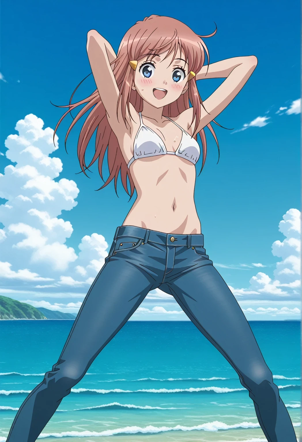 score_9, score_8_up, score_7_up, source_anime, highres, hi res, ((best quality, top quality, perfect quality, Highest Quality, amazing quality)), {{masterpiece}}, {{an extremely delicate and beautiful}}, 2d, intricate details, official style, anime, 8k, anime style, official_anime, official art, digital painting, cell shading, soft shading, high resolution, soothing tones, Subdued Color, Soft cinematic light, adobe lightroom, photolab, HDR, intricately and hyper-detailed, ((high quality animation)), 1 girl, Alone, solo, ((ocean)), tsunami, on the water, day, sunny, outdoors, sky, windy, kato_marika, brown hair, long hair, blue eyes, anime screencap, small breasts, white bikini top, best quality, hyper-detailed jeans, ((blue jeans:1.9)), (dark blue jeans:0.6), full medium body, medium shot, Open mouth, smiling, happy face, blush, sweat, standing, ((arms behind head:6.0)), bowlegged, jumping pose, action, looking at viewer, spread legs, Bend knees slightly, straight-on front view